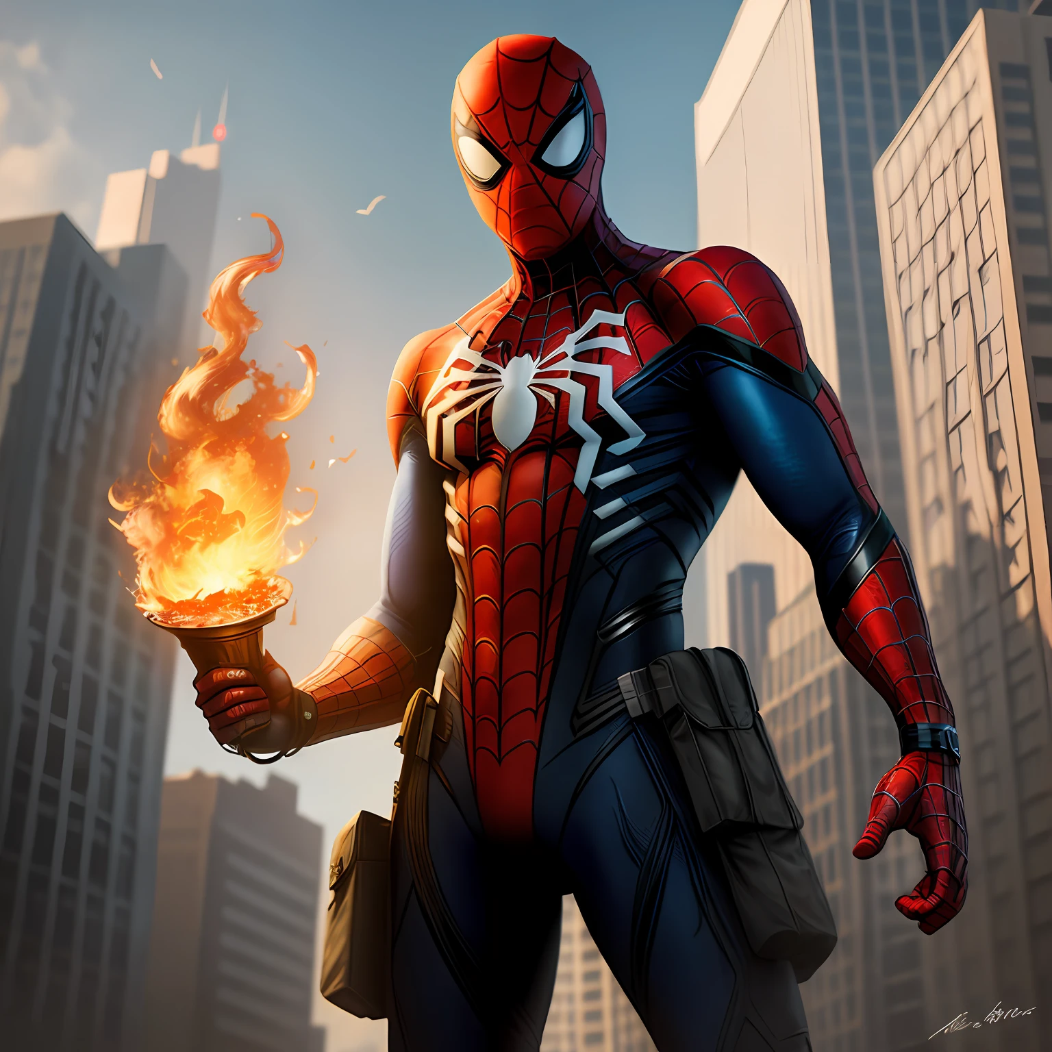 Spider-Man, with futuristic building background, with colorful armor, with fire web (high quality and realism) extremely detailed 4K