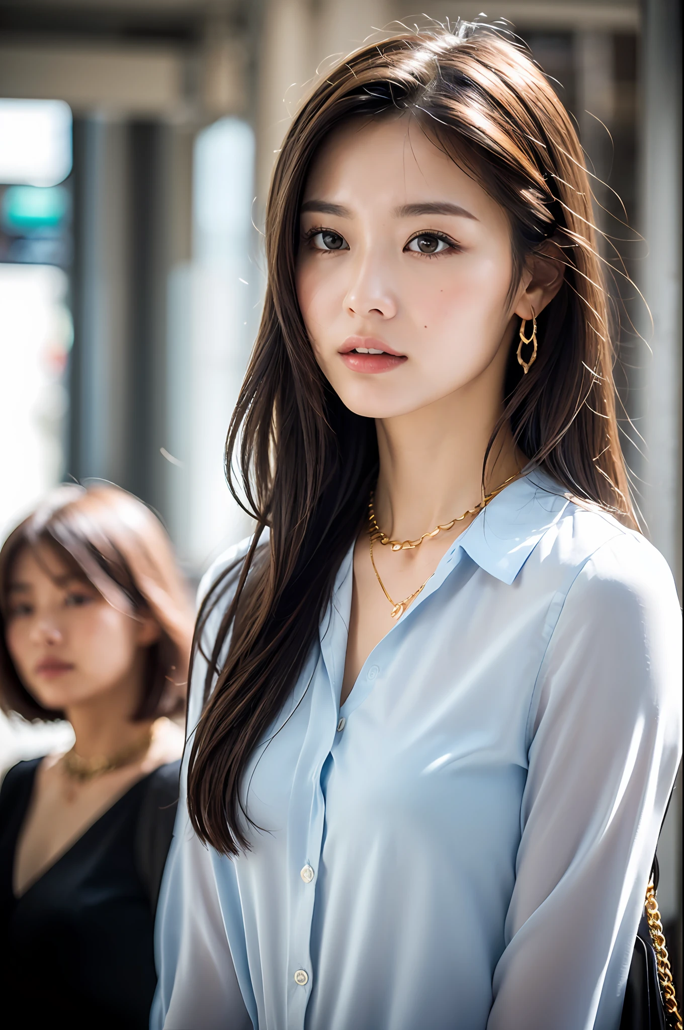 (Masterpiece: 1.3), (8k, Photorealistic, RAW Photo, Best Quality: 1.4), (1girl), Shallow depth of field, Face in focus, Soft focus, Beautiful face, (Backlight: 1.5), (Ambient: 1.3), (Realistic Face), (Black hair, Medium Short: 1.3), Hair with gentle waves, Hair that flutters and spreads in the wind, back hair spread in the wind, short bangs, realistic eyes, dark brown eyes, highlights in pupils, beautiful detail eyes, (plenty of natural light), (realistic skin), beautiful skin, (blouse with white collar), gold chain necklace, gold chain bracelet, watch, small handbag, light solid color pale blue-gray background, absurdity, attractive, ultra high resolution, ultra realistic, High definition, golden ratio, close-up angle of walking during commuting time, gesture of raking hair with hands