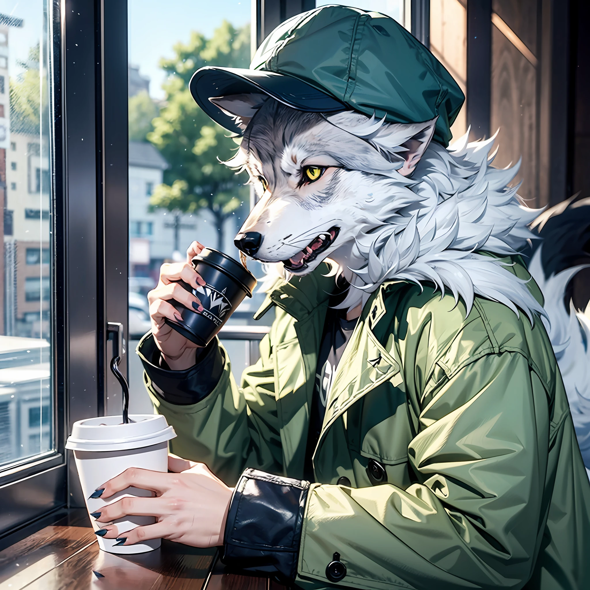 Solo, furry, male wolf, silver fur, white skin, gray ears, dark green eyes, sharp claws, fluffy tail, wearing a black trench coat, wearing a blue cap, drinking coffee, looking out the window, detailed background
