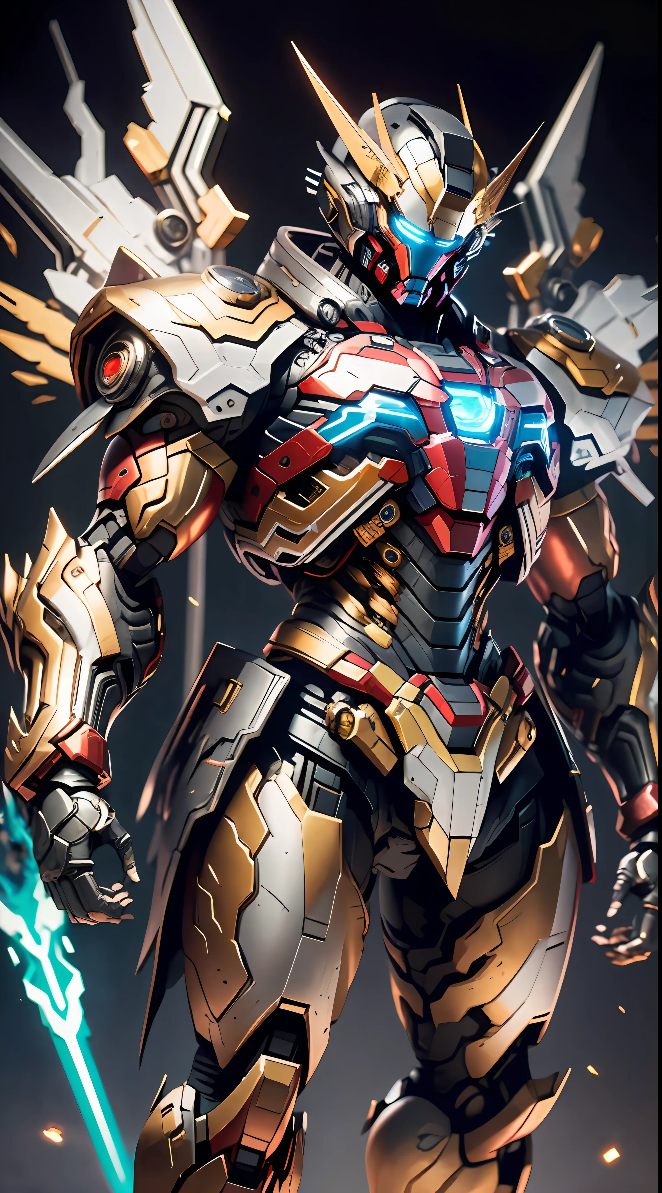 Golden Saint Seiya Limb Armor, Marvel Movie Iron Man Cuirass, (Gundam 00 Gundam Exia: 1.5), (Mecha) (Mechanical) (Armor), (Open leg: 1.3), Perfect, (Wide Angle), (Black Background: 1.6), Best Quality, Masterpiece, Super Resolution, (Reality: 1.4), 1boy, Broad Shoulders, Cold Eyes, Crazy Details, (Hip Folds: 1.2), Lower Chest, Hands Crossed at the Waist, Unrealistic Engine Style, Boca Effect, David S. La Chapelle style lens, bioluminescent palette: light blue, light gold, bright white, wide angle, ultra-fine, cinematic still life, vibrant, Sakimichan style, perfect eyes, highest image quality 8K, inspired by Harry Winston, Canon EOS R 6 shooting masterpiece "Chaos 50,--, under eye mole, ray tracing, surrealism, textured skin, metallic sheen, facing the viewer