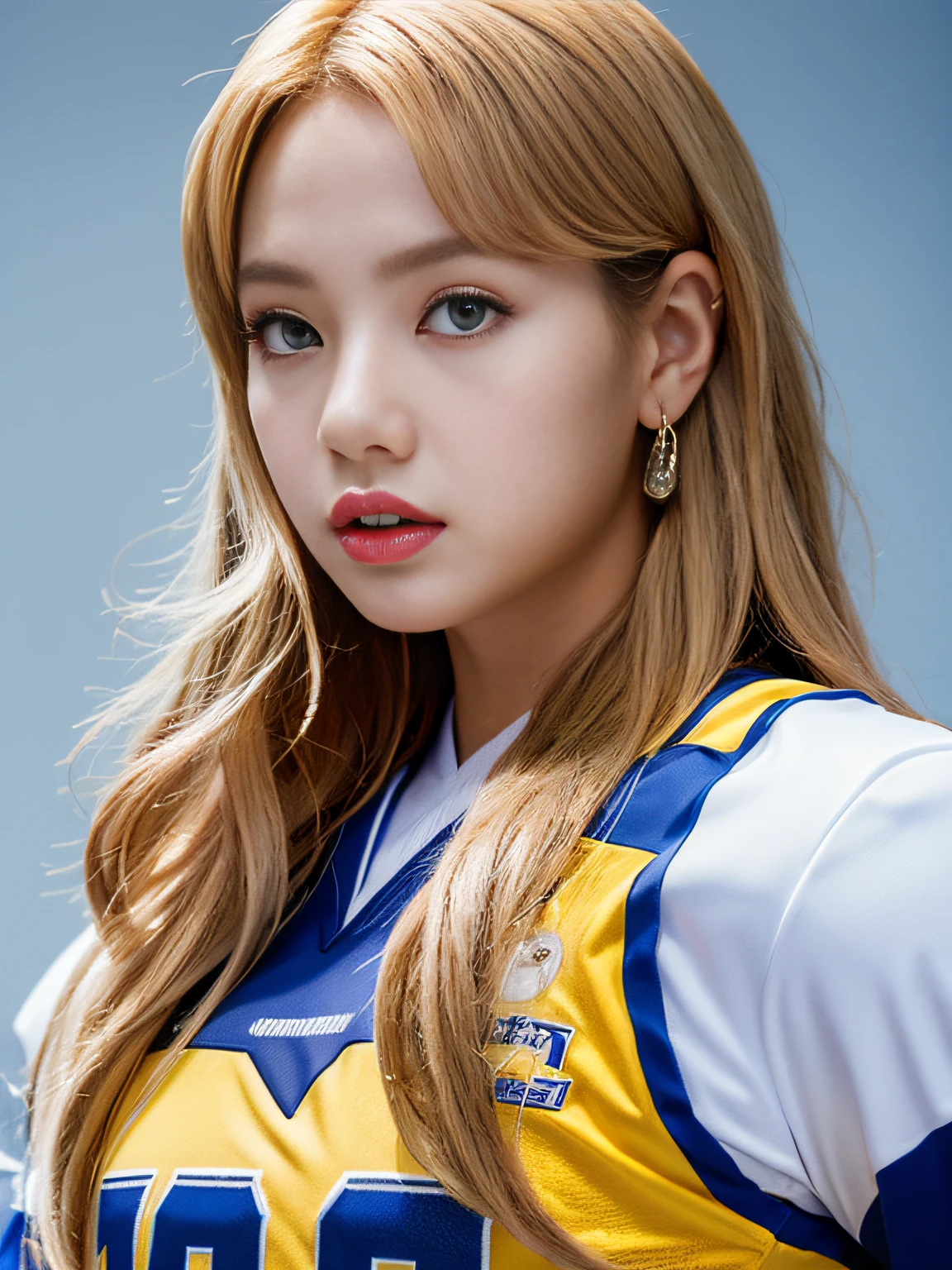 Masterpiece, superlative, realistic, Jennie wearing trendy football uniform, long yellow hair, vest, HD, photography lighting, 16k