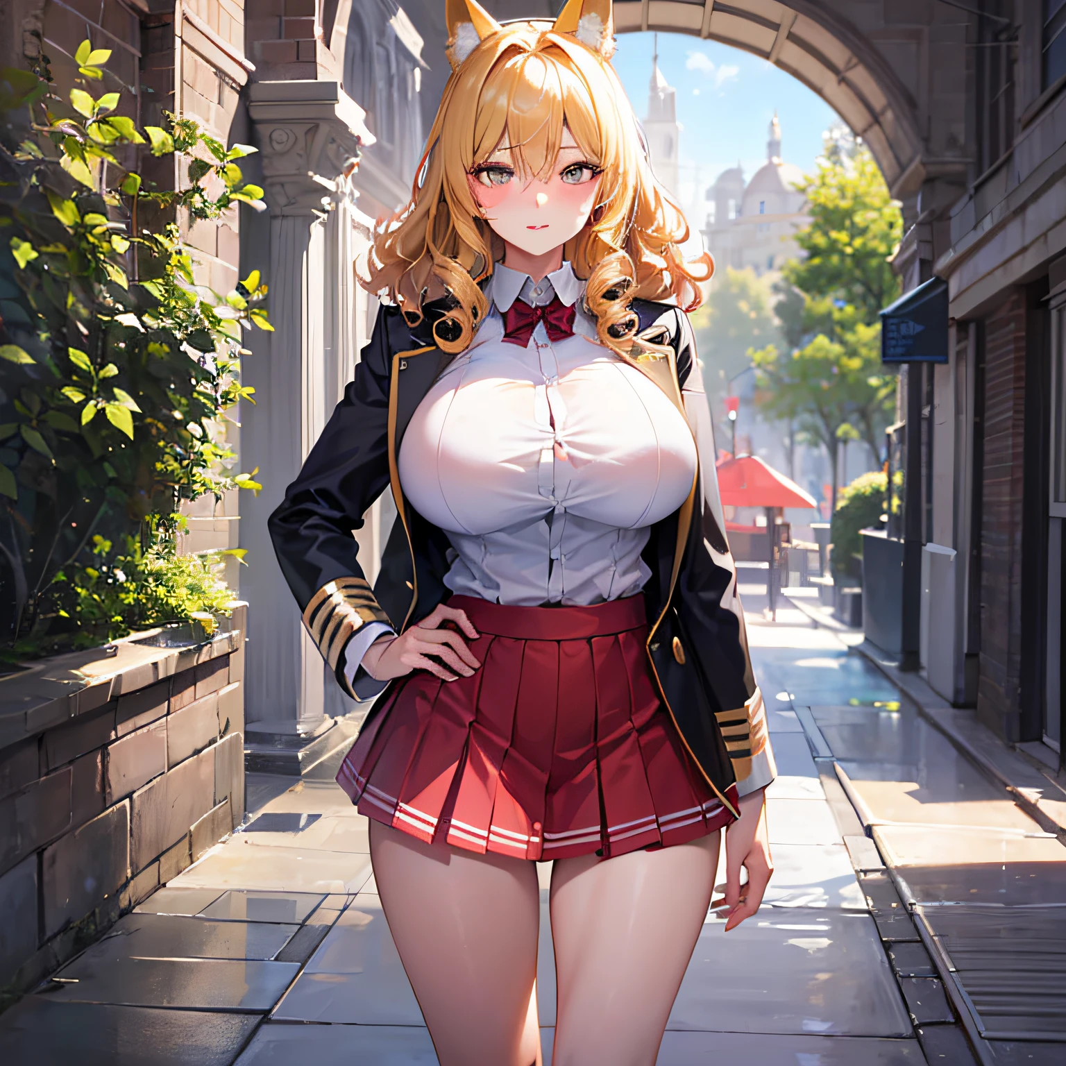 Absolutely beautiful fox charmer, perfect slim body, mature, yellow hair, large curly hair, college uniform, sexy and seductive, beautiful face, full body portrait, standing pose, 4K picture quality, big body, feminine expression, blush shyness, outrageous bust, deep eyes, huge breasts, short skirt