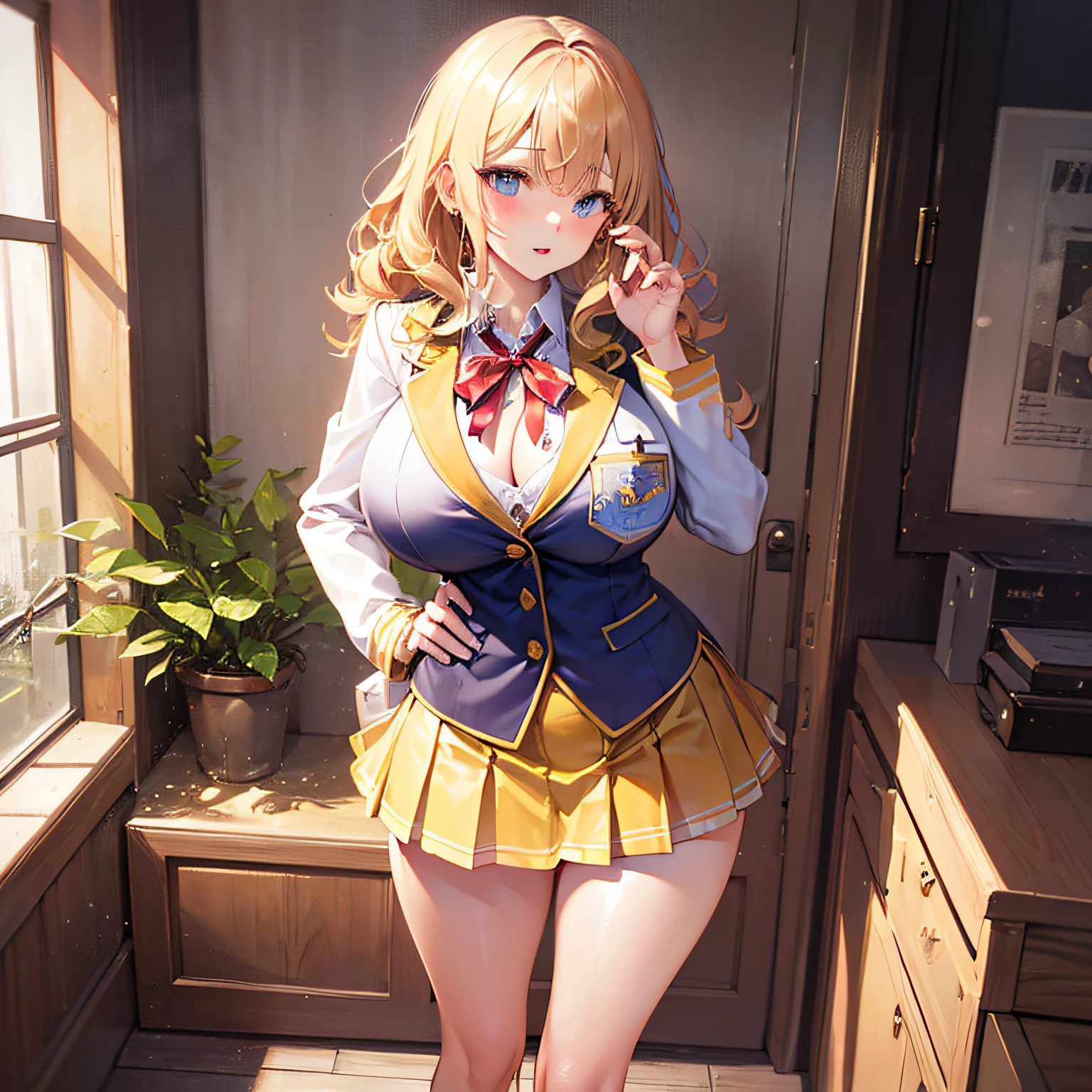 Absolutely beautiful fox charmer, perfect slim body, mature, yellow hair, large curly hair, college uniform, sexy and seductive, beautiful face, full body portrait, standing pose, 4K picture quality, big body, feminine expression, blush shyness, outrageous bust, deep eyes, huge breasts, short skirt