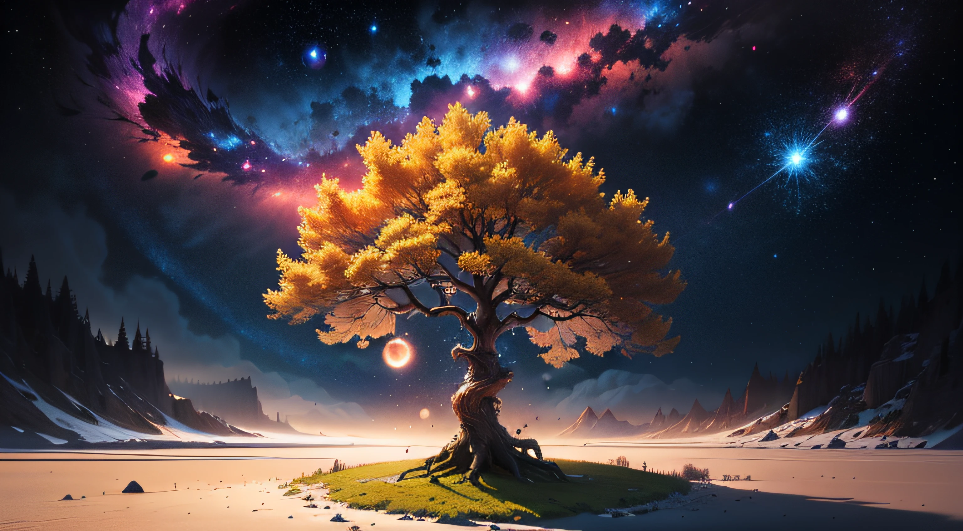 ((magical) golden tree of life), (night sky), (stars), artwork, (space dust), (nebula), concept art, high definition, high detail, intricate, --auto
