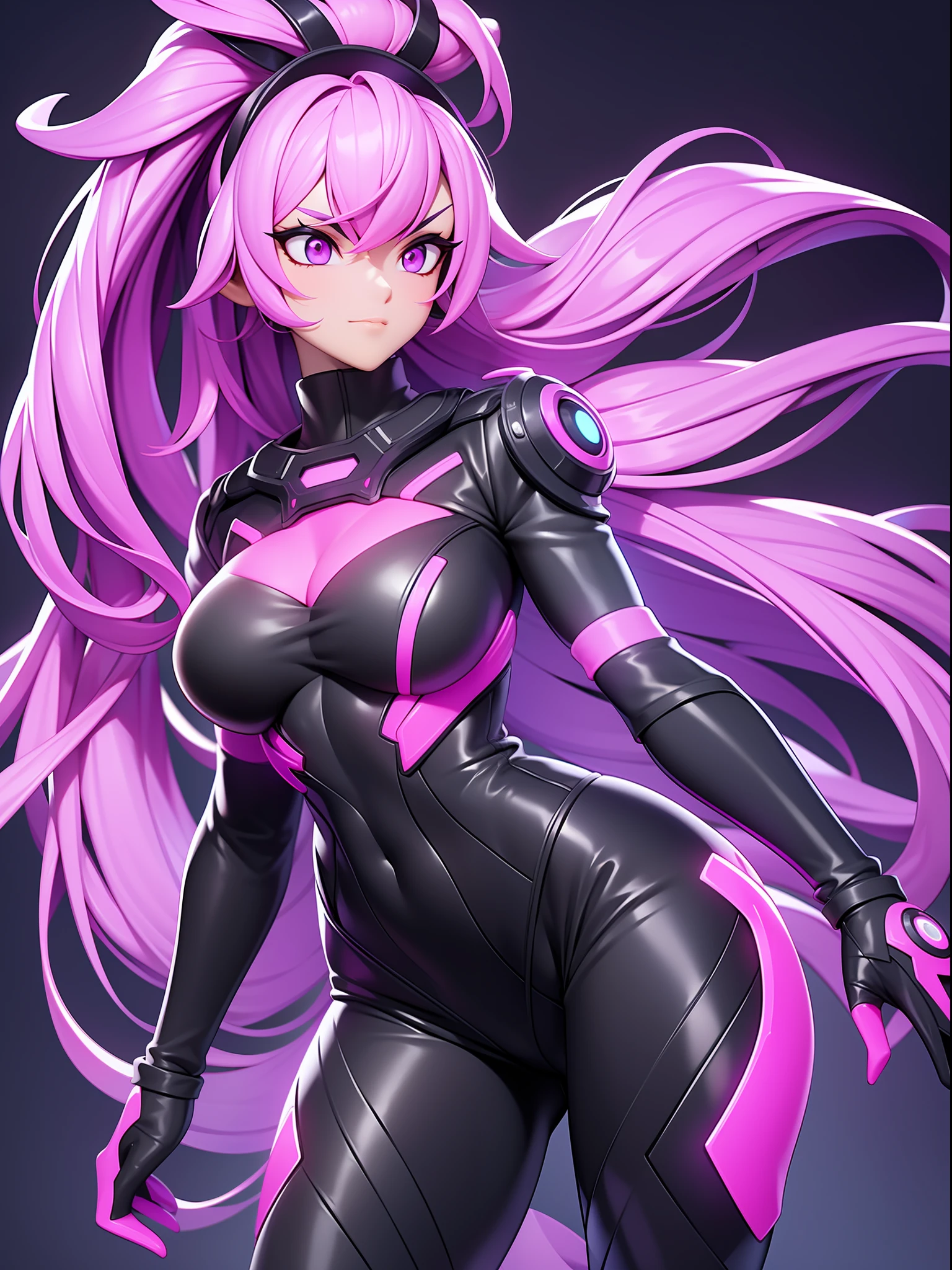 A stunning woman is wearing a bold purple neon leather outfit, which fits her body perfectly. The purple neon glows brightly, standing out in the darkness. Her outfit consists of a tight jacket, sleek pants and high-top boots, all in vibrant shades of purple. The woman exudes confidence and power as she walks with firm steps. The ambient lighting enhances the brightness of your costume, creating a futuristic and impressive effect. She is a unique and intriguing sight, captivating the attention of everyone around her.