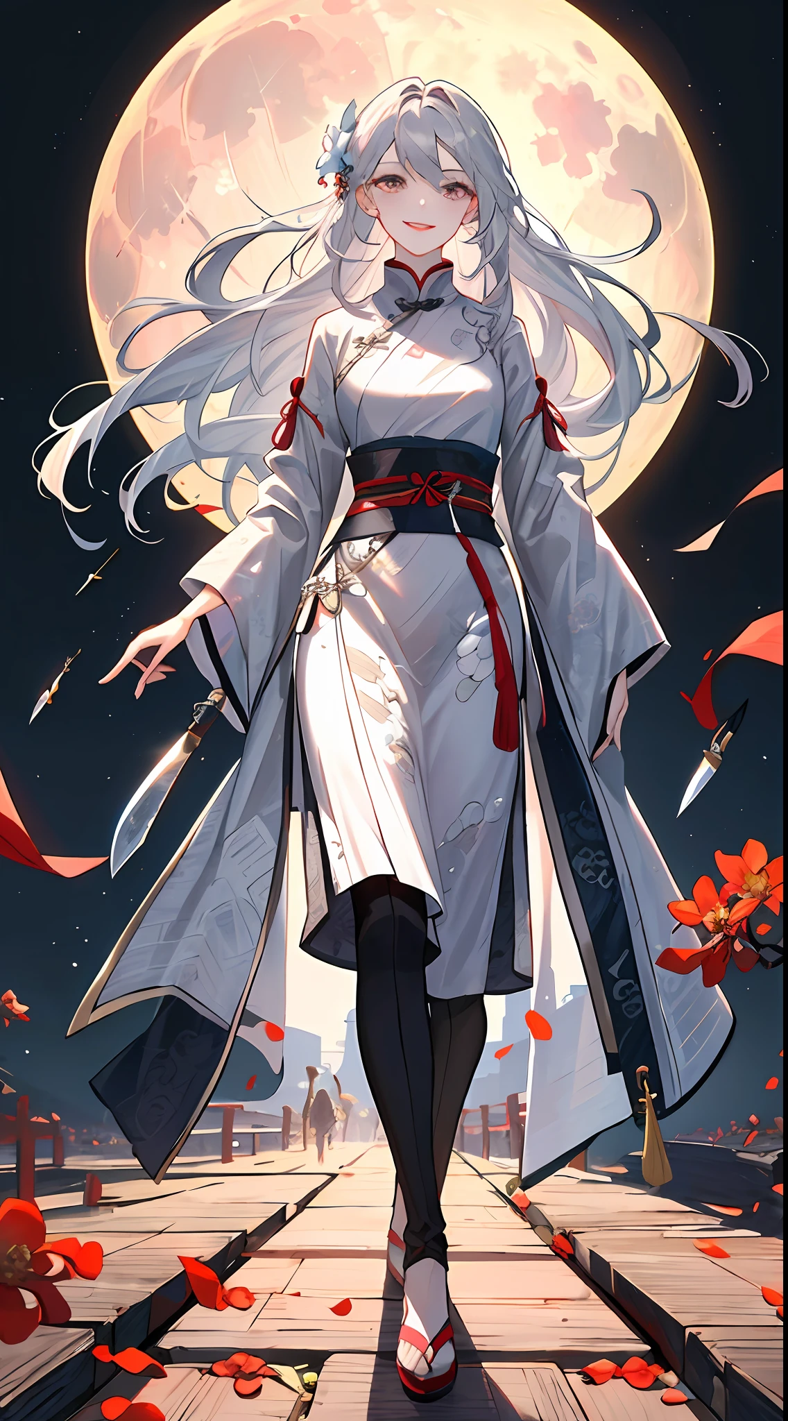 Masterpiece, Superb Beauty, Night, Full Moon, 1 Woman, Mature Woman, Chinese Style, Ancient China, Sister, Royal Sister, Smile, Silver-White Long-Haired Woman, Pale Pink Lips, Calm, Intellectual, Three Bands, Gray Eyes, Assassin, Short Knife, Flower Ball Background, Walking Street View