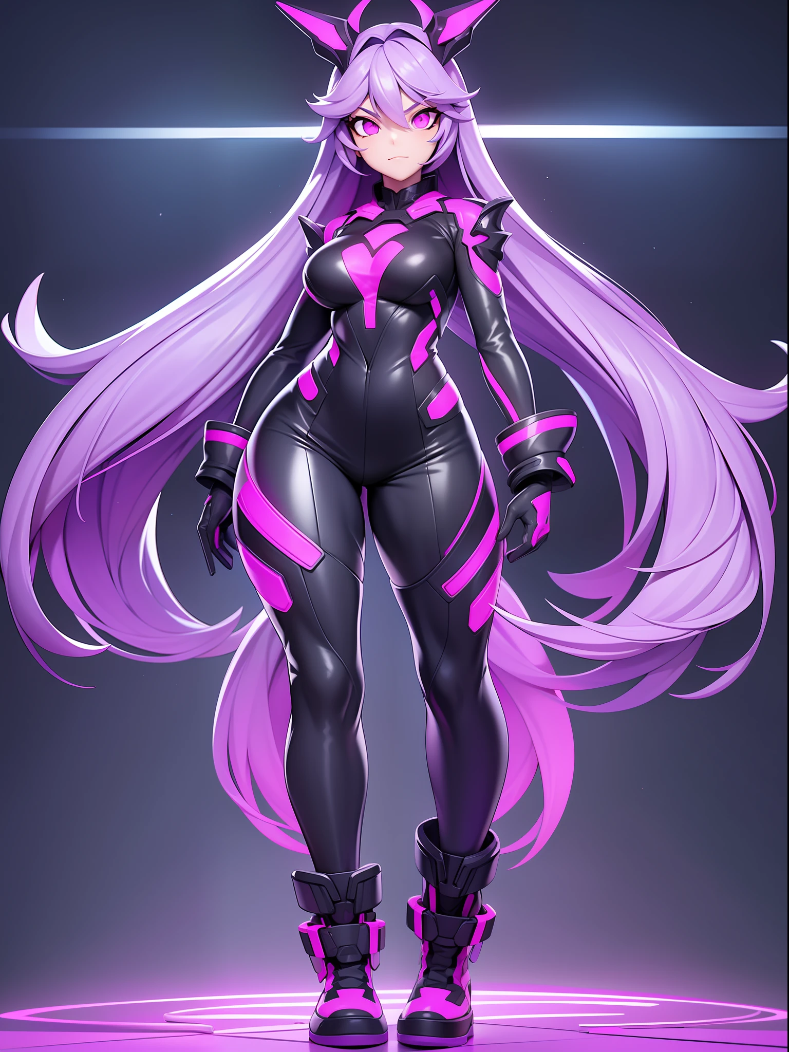 A stunning woman is wearing a bold purple neon leather outfit, which fits her body perfectly. The purple neon glows brightly, standing out in the darkness. Her outfit consists of a tight jacket, sleek pants and high-top boots, all in vibrant shades of purple. The woman exudes confidence and power as she walks with firm steps. The ambient lighting enhances the brightness of your costume, creating a futuristic and impressive effect. She is a unique and intriguing sight, captivating the attention of everyone around her.