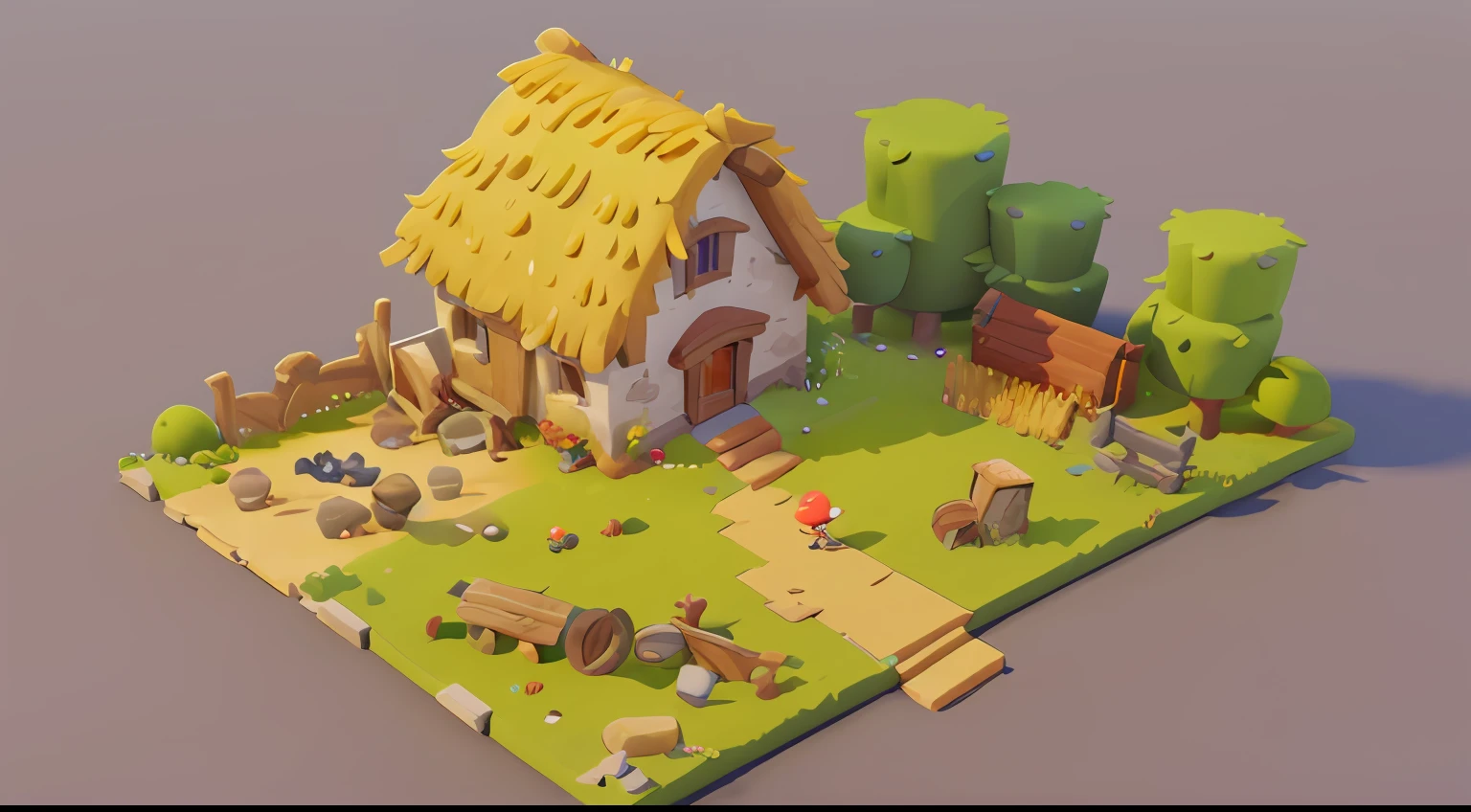 small farm alafeld view, mobile game art, stylized game art, mobile game background, isometric game art, game architecture design, farm, cartoon, large wheat field, farm, stone, grass, vegetable, wheat, trees, animals, casual game style, 3d, masterpiece, super detail, local, best quality