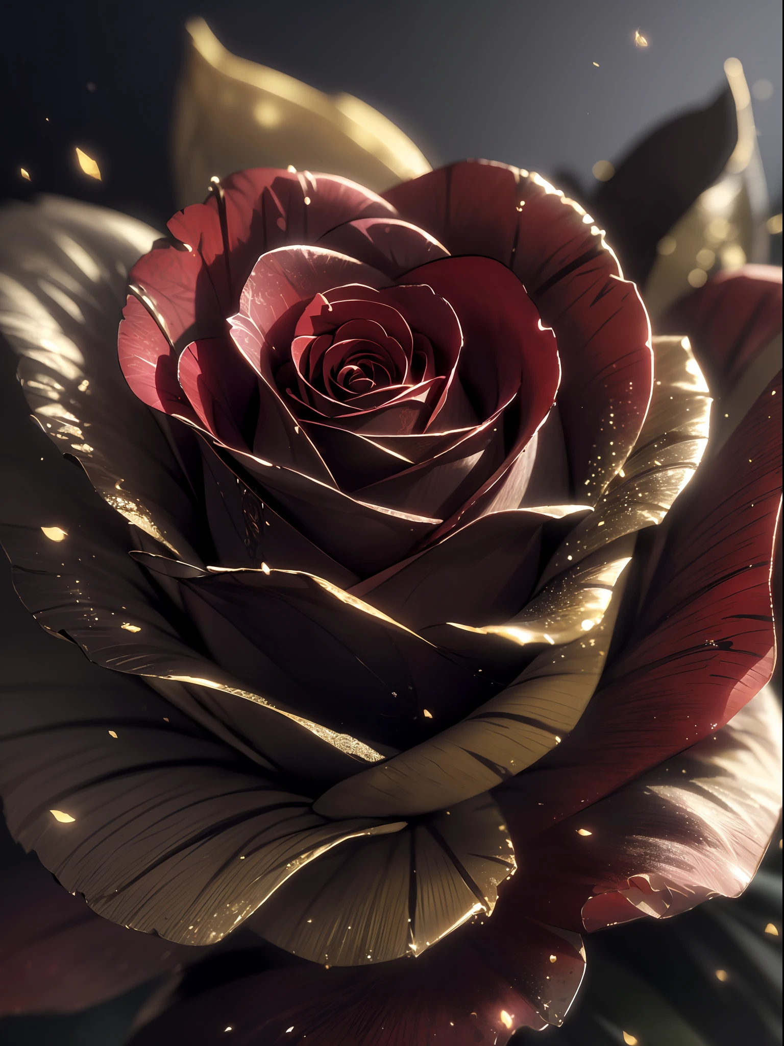 macro, a glorious (darkness-infused black rose:1.3), frozen, (sparks and lights in the air), intricate gilded details, beautiful, stunning, sublime, volumetric light, vibrant twilight colors, frost texture, delicate details, sharp and crisp image, dynamic composition, perfectly framed, highest quality, breathtaking, realistic, good shadows