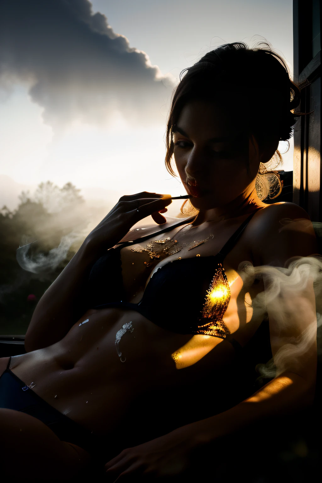 birdview, laying down, glitter, curvy beauty, cleavage, soaked panties, pastel dreamy light, bathing in backlighting, sunrays, petals falling, roses, fog, haze, sunlit, covered in flowers and petals, godrays, cozy, morning dew, backlighting, hazy, golden hour, morning light, erotic mood, countryside, masterpiece, best quality, ultra-detailed, solo, smoke, shadows, contrast, cinematic light, side lighting, ultra high resolution, best shadow, RAW, 4k