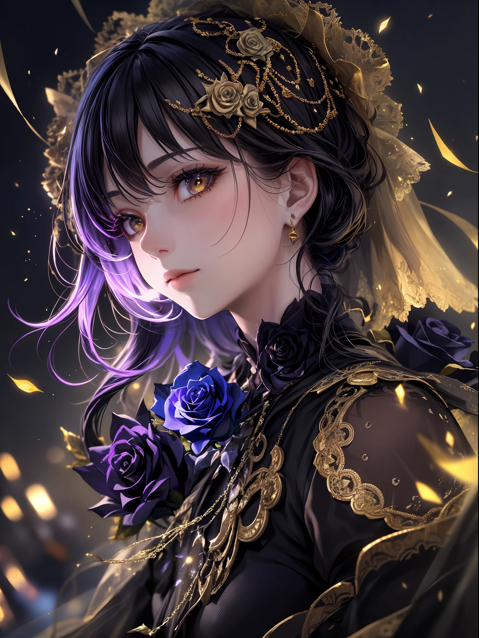 macro, a glorious (darkness-infused black rose:1.3), frozen, (sparks and lights in the air), intricate gilded details, beautiful, stunning, sublime, volumetric light, vibrant twilight colors, frost texture, delicate details, sharp and crisp image, dynamic composition, perfectly framed, highest quality, breathtaking, realistic, good shadows