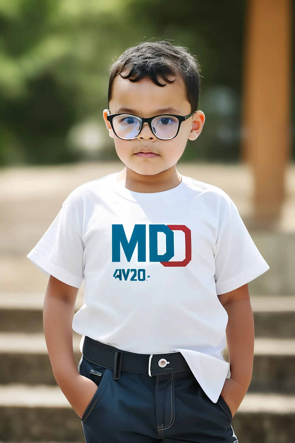 guttonerdvision4, award-winning photography, 3-year-old boy, 1boy, realistic, detailed, crisp face, real skin, pores, short, outdoor, brown eyes, glasses, brown hair, military cut, best quality, day, masterpiece, colorful, white t-shirt, saddlery, full body, wearing men's clothing bib, looking at viewer, photorealism, uhd, 8k