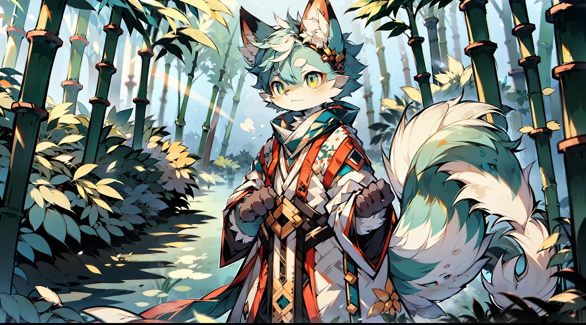 A blue and white fox, furry character, female, shy expression, no clothes, cute, feminine, volumetric light, HD detail, bamboo forest, stream, mist rising, contour light, Tyndall effect, masterpiece, master level