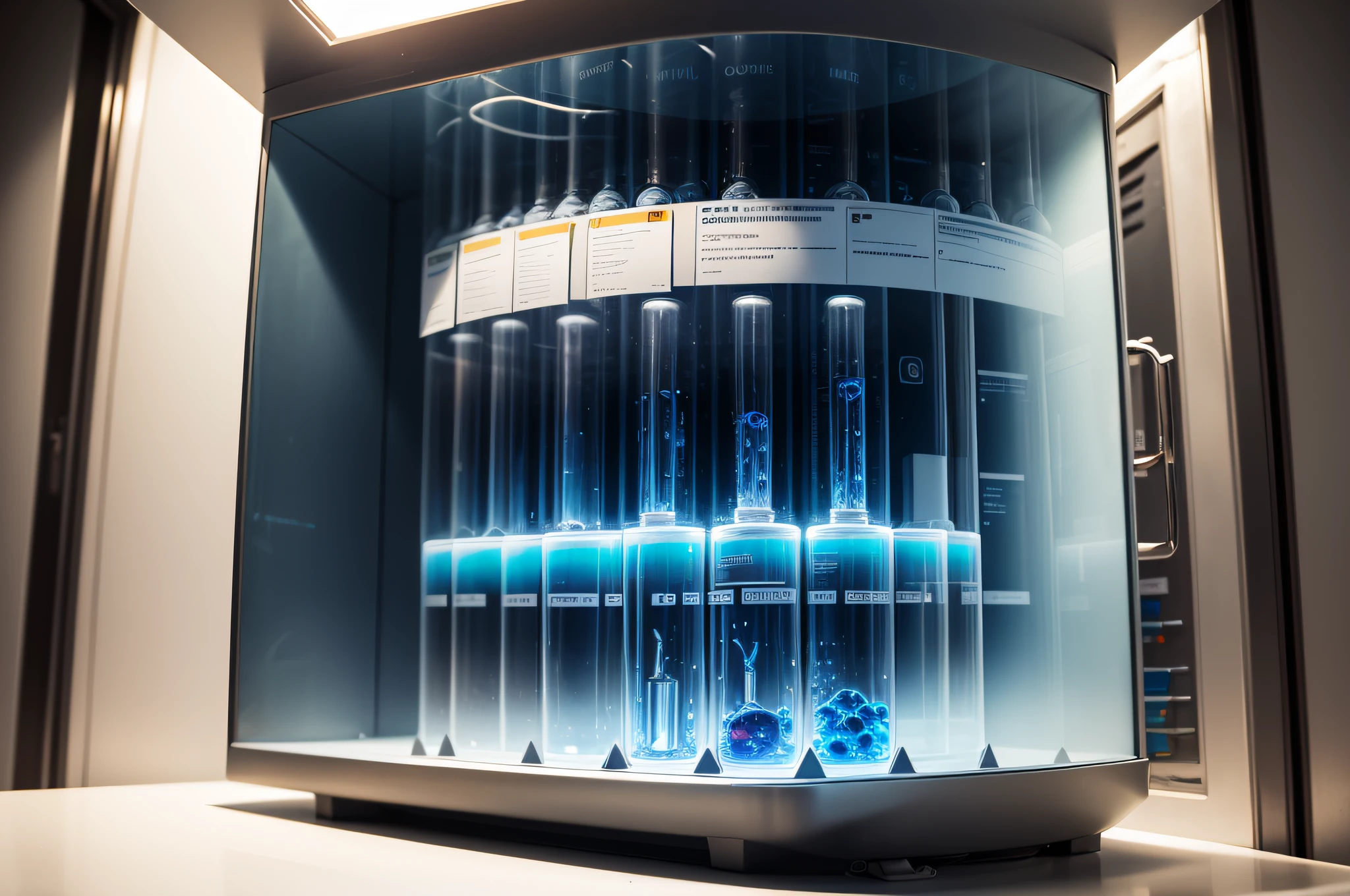 ((photo)), ((best quality)), ((masterpiece)), ((detailed)), a science laboratory with medical equipment, looking down into an embryo storage freezer with glowing blue vials in an evenly spaced pattern.