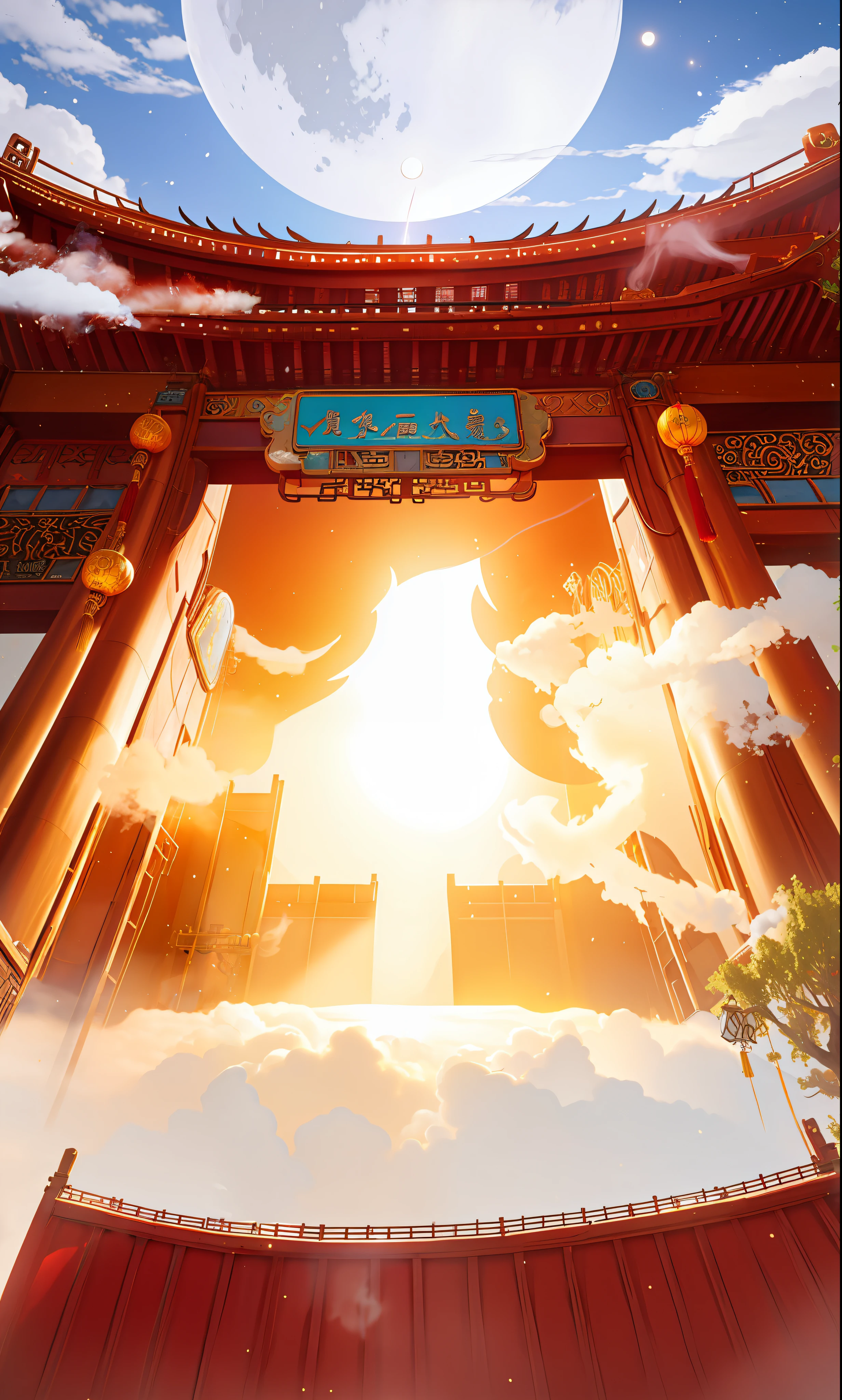 HD, top-down composition, strong perspective impact, a Chinese-style gate, open gate, emitting golden light, some smoke and dust drifting, background blue sky, moon, steps in front, clouds