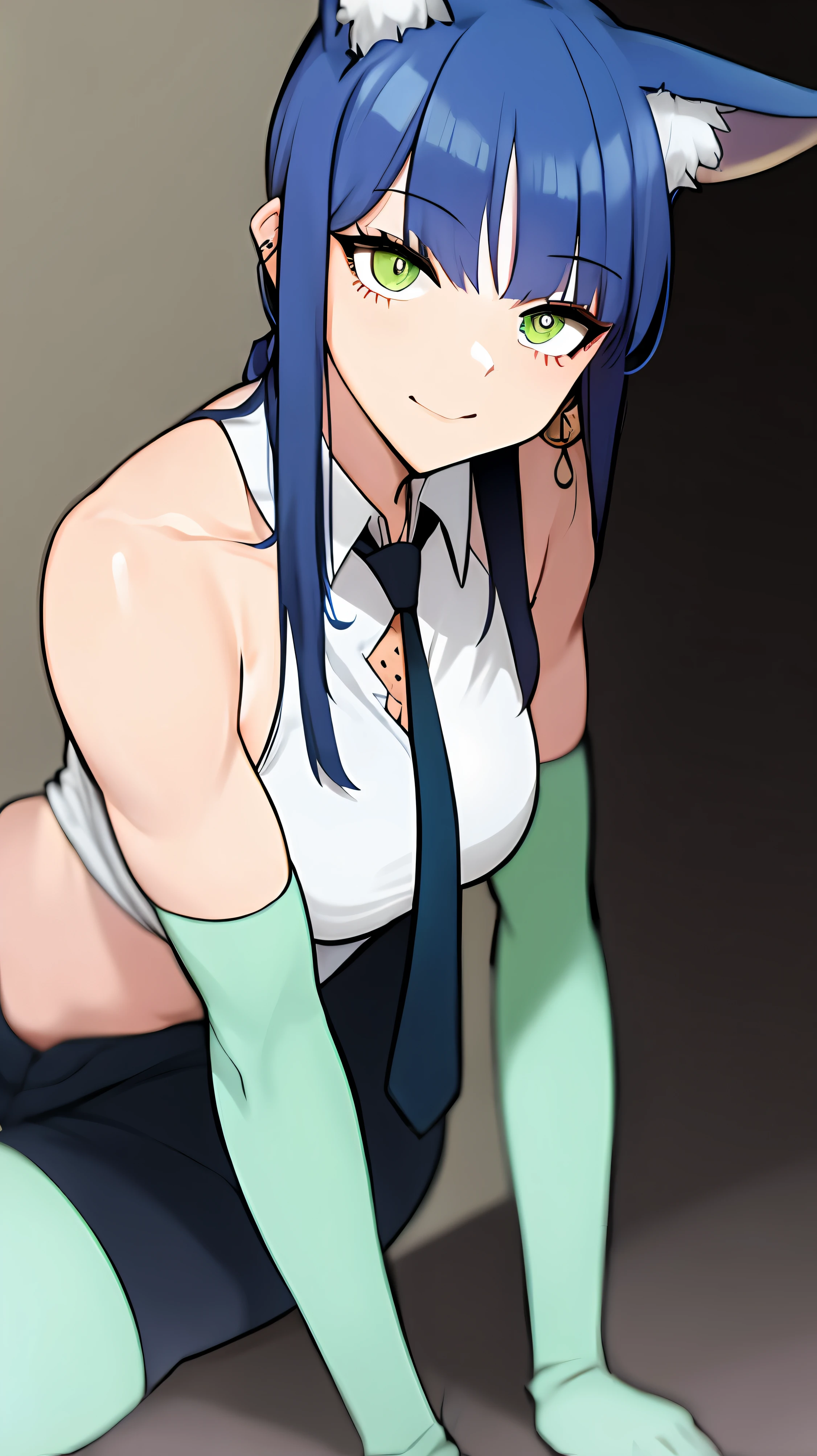 Fox Girl, Fox Ears,Normal Body, Muscles, Body Full of Veins, Medium Breasts, Wide Breasts,Sitting, Dark Blue Hair, Colored Internal Hair, Split Colored Hair, Medium Hair, Short Ponytail, Green Eyes, Cloven Pupils, Dark Circles,Flushed,Happy,Wide Smile,Business Suit,Suit with Pants,Oxfords,Cut Jacket,Earrings,Tie,Elbow Gloves, piercing,watch,milf,lab background,anime style,