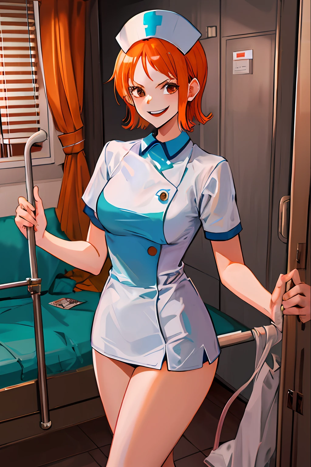 Nami (One Piece), Masterpiece, Top Quality, High Resolution, Masterpiece, One Girl, Evil Smile, Evil Smile, Evil Plan, Orange Hair, White Nurse Clothes, Short Hair, Brown Eyes, Mini Skirt, Hospital Room, Holding a Metal Bar