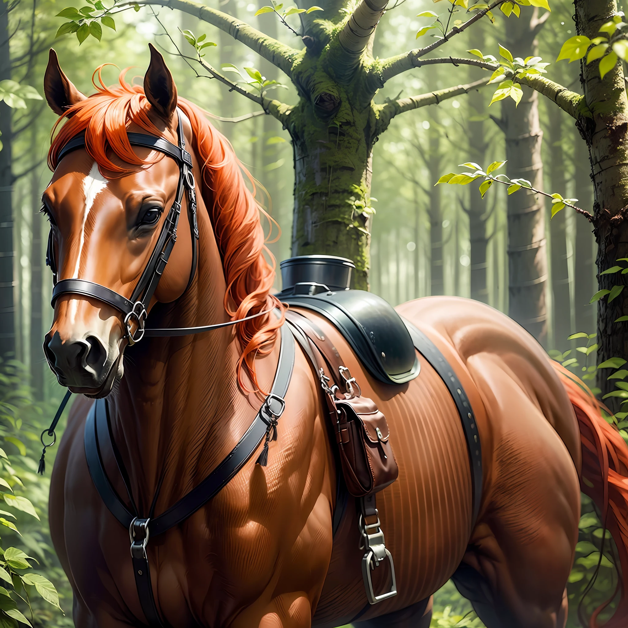 Beautiful girl, redhead,orange hair,red hair,On a black horse, very beautiful, in a closed forest with several trees, ultra realistic,maximum quality --auto