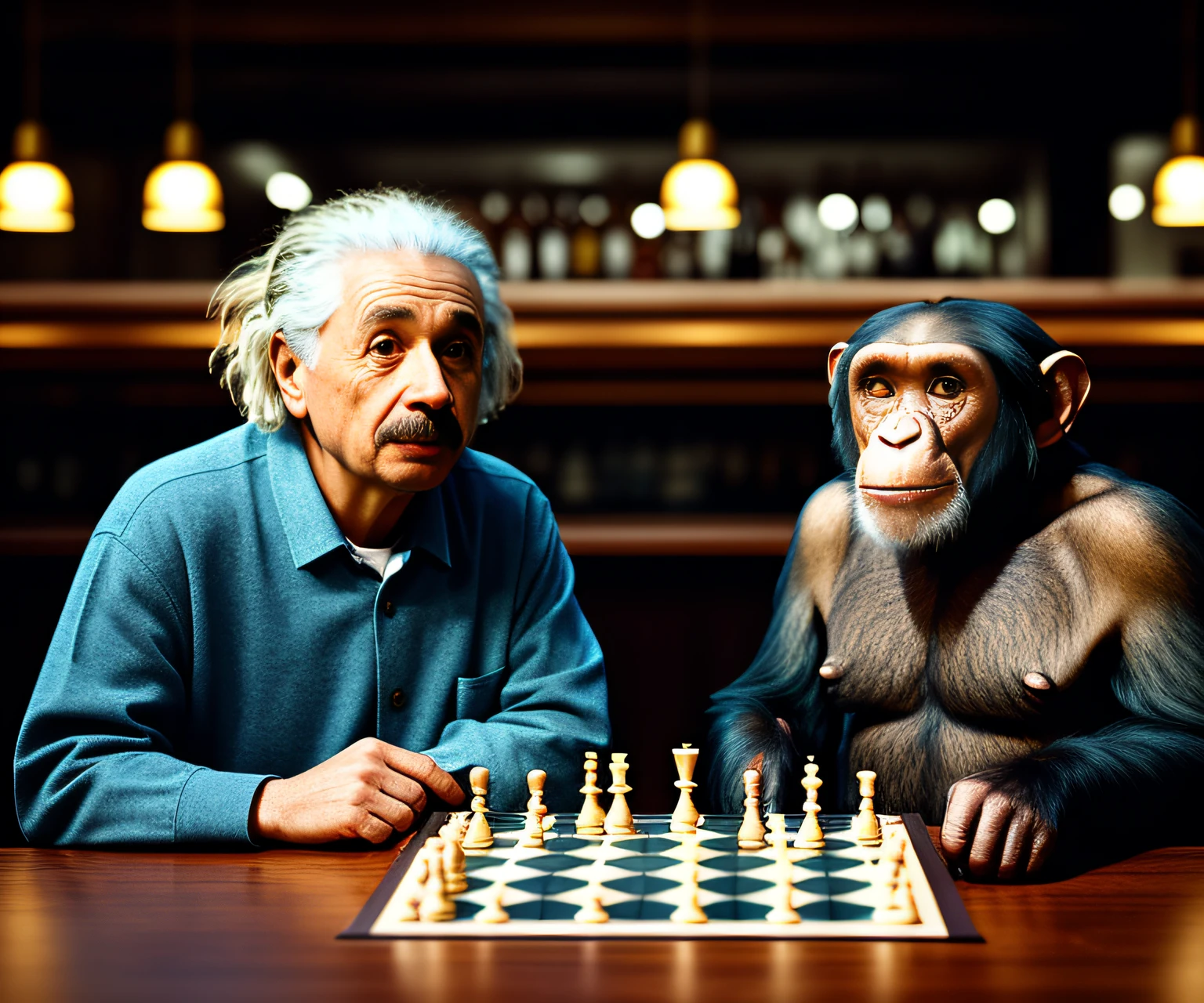 (extremely detailed CG unity 8k wallpaper, masterpiece, best quality) ((Albert Einstein)) playing chess with a ((hipster chimpanzee)) in a bar, dark environment, volumetric light, film style, kodak film, high resolution, photographic, hyper-realistic