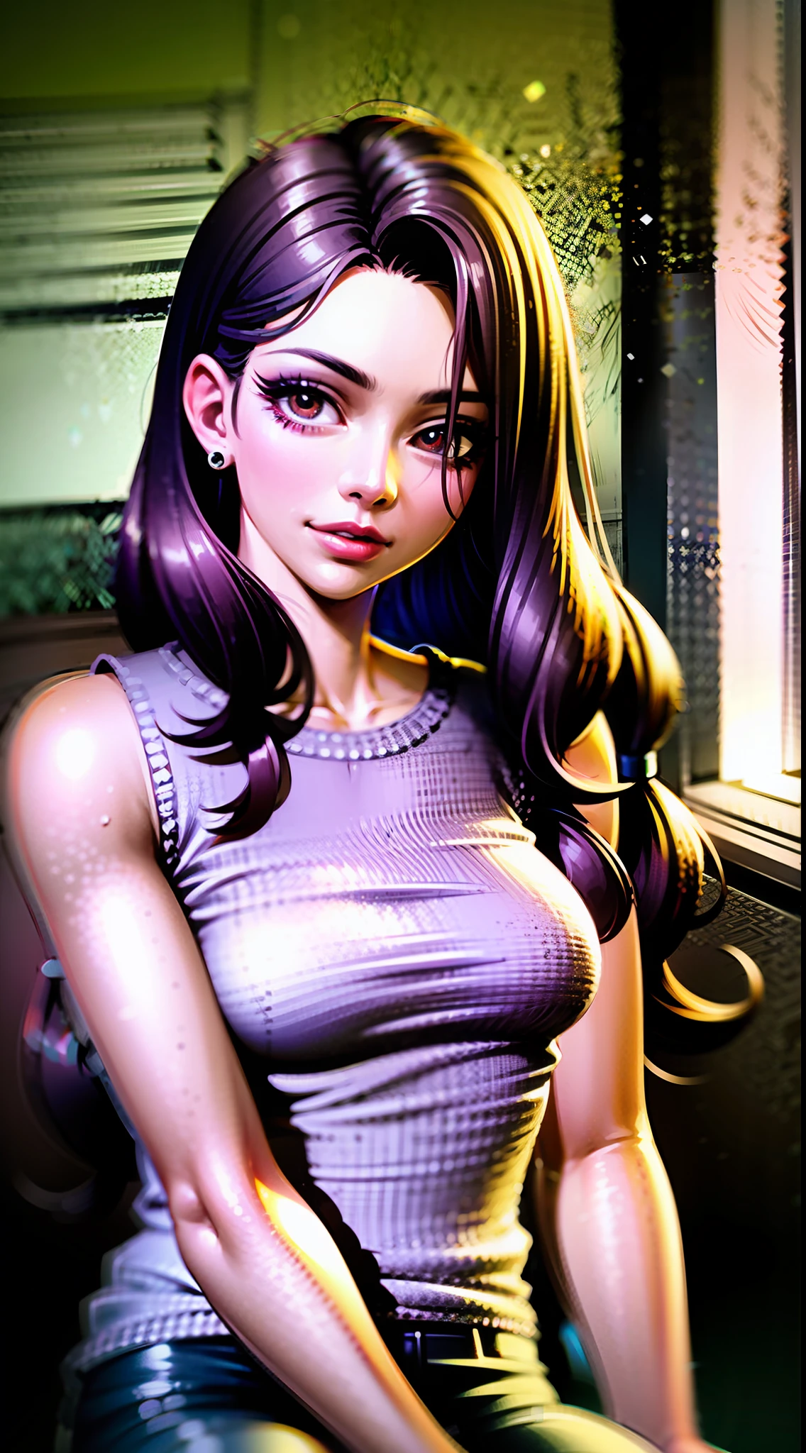 [25-year-old female],[face: round], [eyes: almond eye shape, brown color, thick and curved eyebrow shape], [Nose: Sticky shape, small hole], [Mouth: thick lip shape, Neat teeth], [Chin: Tyre chin shape, Sunken chin], [Hair: Long hairstyle, black color,], [Ears: Small ear shape], [skin: white skin color, Smooth skin texture], [Facial expression: smile], [Activity: Sitting on the sofa in the living room], [Top clothes: T-shirt, all red color, plaid pattern, delicate texture, casual wear style, folded clothing design, well-maintained clothing condition] Professional photograph of a stunning woman detailed, cinematic lightning, octane render, unreal engine, volumetrics dtx