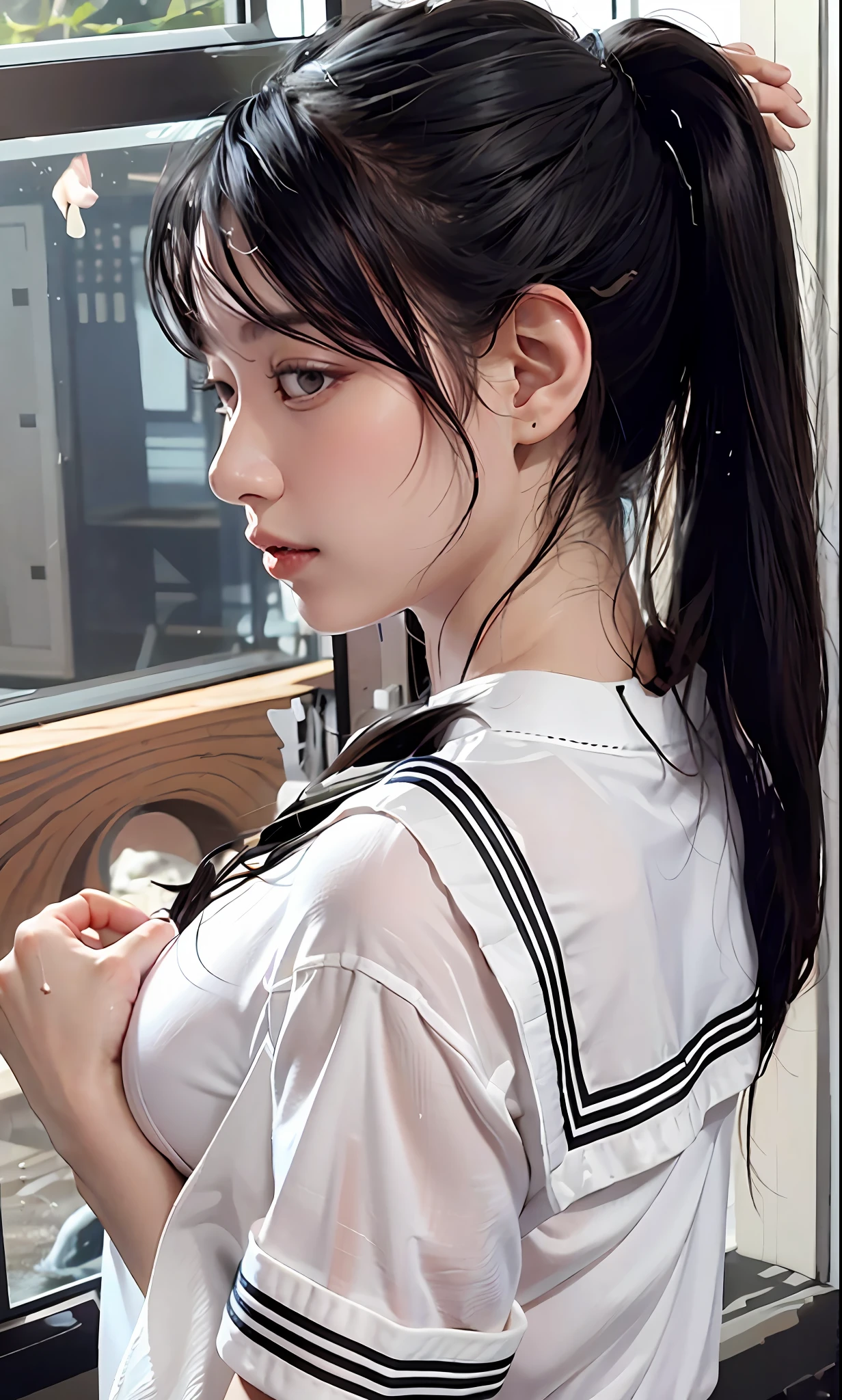 Black hair, white shirt, black skirt, embarrassing, wet, sheer