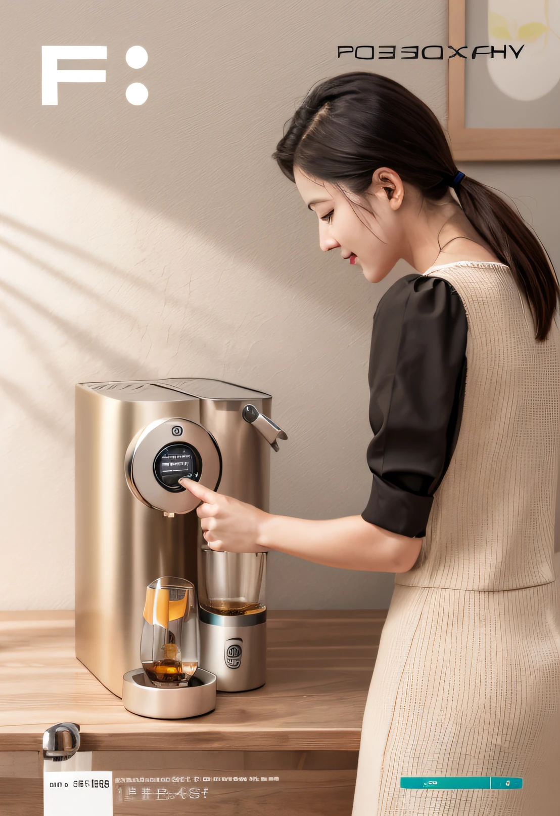 Arad woman pouring drinks into coffee machine in beige dress, product introduction photo with accurate features, stylish design, product photo, feminine,