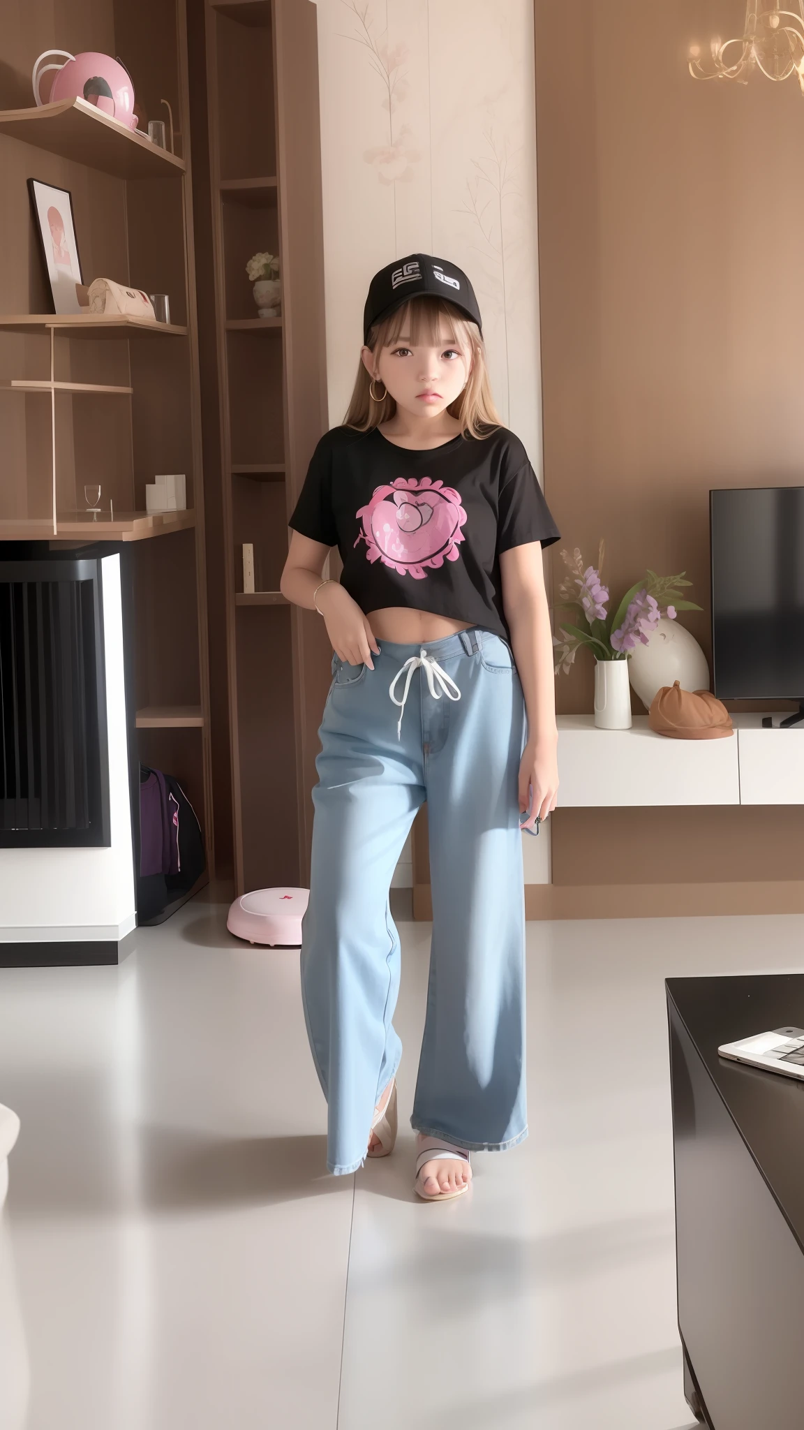there is a young girl standing in a living room with a frisbee, baggy jeans, 😭 🤮 💕 🎀, wearing pants and a t-shirt, baggy pants, large pants, full body picture, h. u. d, 🤬 🤮 💕 🎀, 2 0 2 0 fashion, casual clothing, kawaii shirt and jeans, she is wearing streetwear