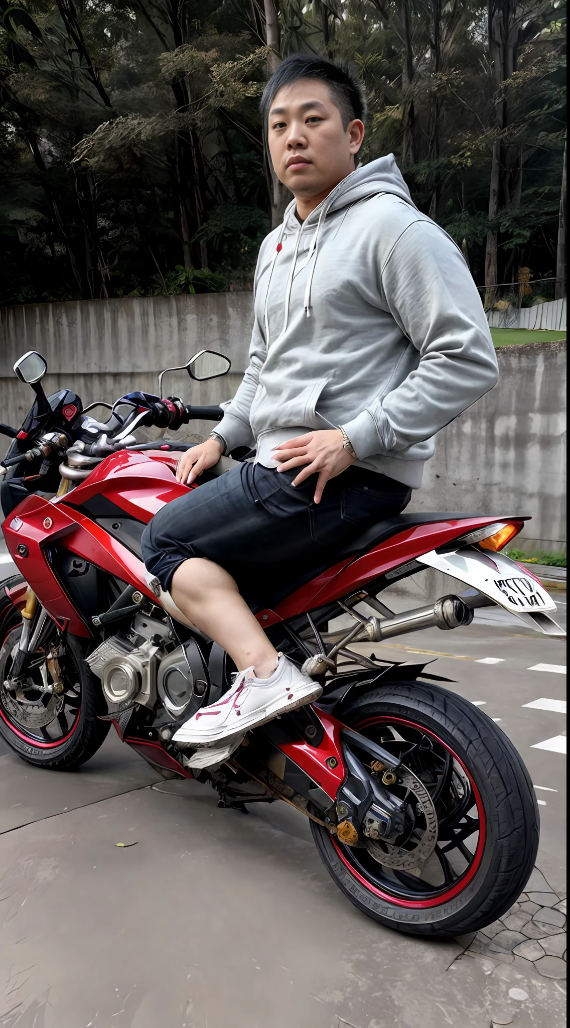 masterpiece, best quality, grass, backyard, concrete wall, foliage, 1man, asian, ((no glasses)), clean shaved face, slightly obesity, short black hair, motorcycle black and red,  hoodie jacket , wearing jeans pants, pumps, posing in front of yhmotorbike, cool cast, filmg,