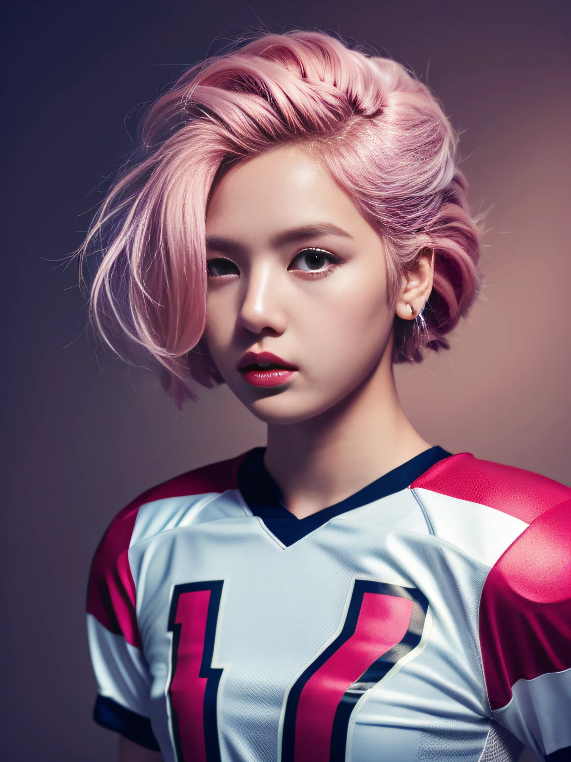 Masterpiece, superlative, realistic, wearing trendy football uniform, pink hair HD, photography lighting, 16k