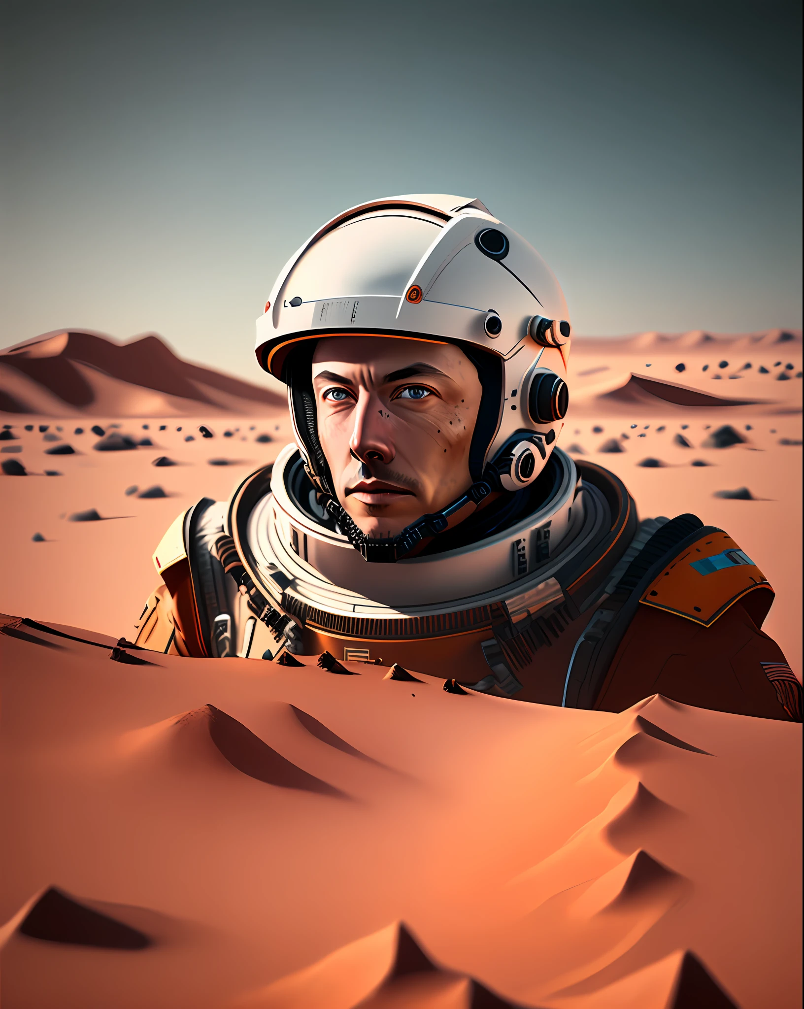 Elon Musk on Mars portrait no helmet render unreal engine 5 UHD full HD