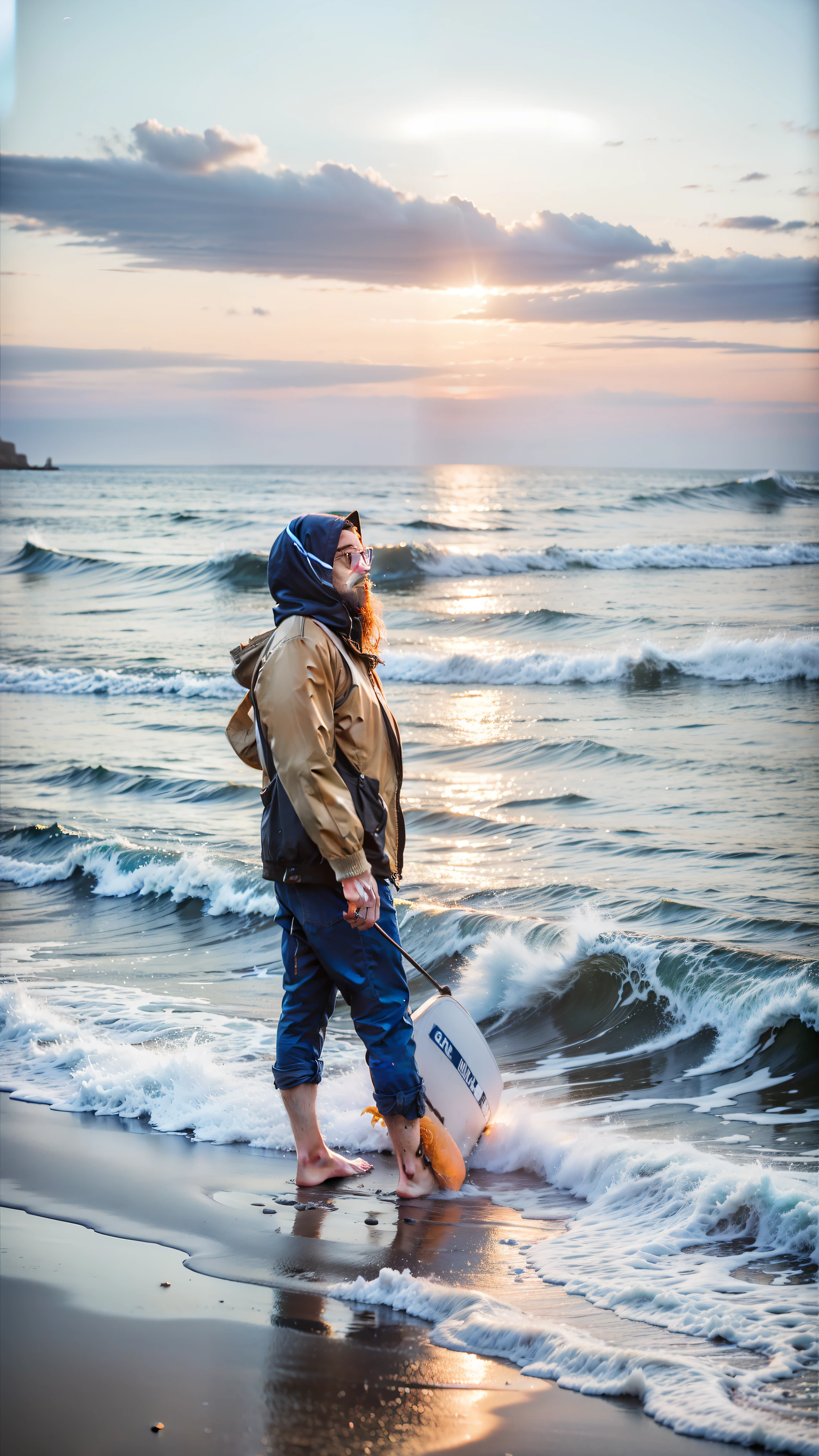 Beach, blue water, evening sky, sunset, big waves