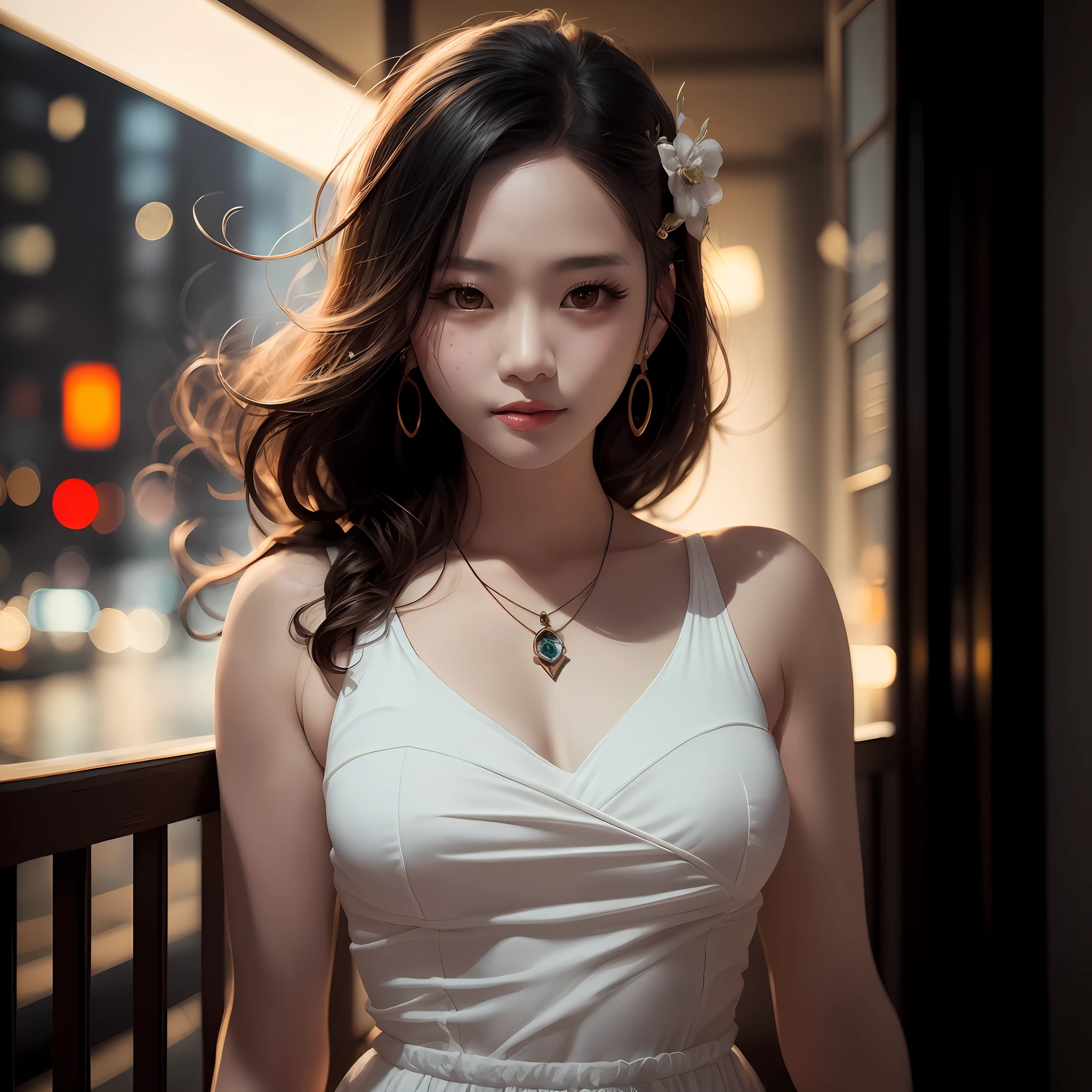 araffe woman in white dress standing on balcony with city lights, 8k artgerm bokeh, soft portrait shot 8 k, beautiful south korean woman, beautiful asian girl, gorgeous young korean woman, beautiful young korean woman, artwork in the style of guweiz, korean girl, cinematic. by leng jun, ross tran 8 k, anime. soft lighting