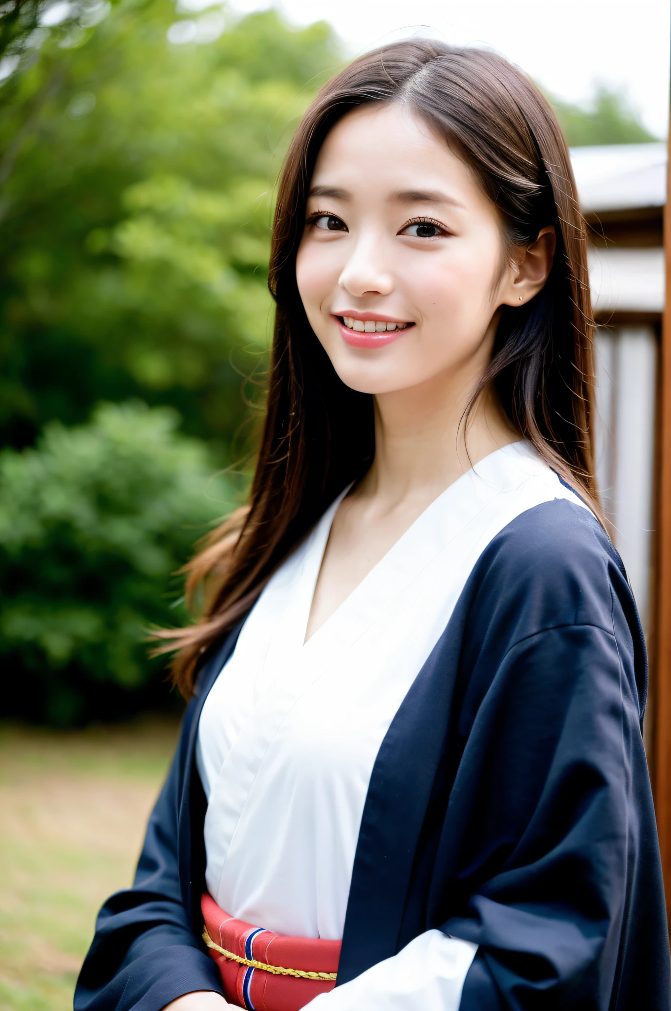 ((Best Quality, 8K, Masterpiece: 1.3)), Sharp Focus: 1.2, (Super Beautiful Face: 1.0), (Slender Abs Beauty: 1.0), (Shiny Skin: 1.0), Realistic Photography, Black Hair, Realistic Pupils, Video Lighting, High Definition Eyes and Face, Video Lighting, (Cowboy Shot: 1.3), (Kimono, Hakama, Obi: 1.4), (Korean Cute Actress), Traditional Kimono, Happiness, In Nature, Look at the audience, from the front, big