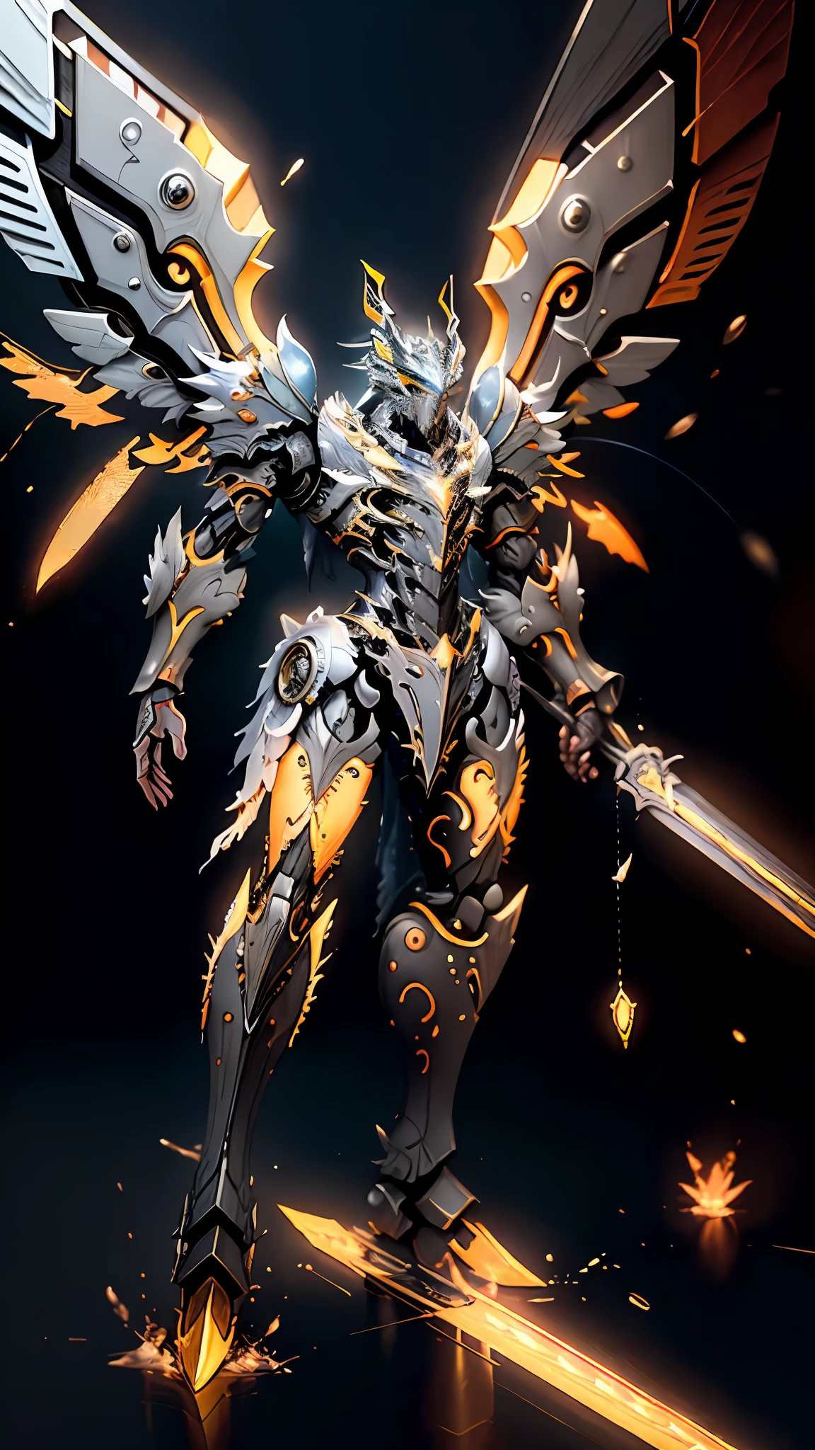 Steampunk style, cool colors, cinematic effects, huge sci-fi mecha, white-gold mecha with strong metallic luster, metallic wings on the back, wings are feathers and layered, holding Fang Tianji, Fang Tianji particle light, Fang Tianji particle special effects, aesthetic, scattered, battle posture, battle posture display, super details, perfect details, 8K, top painting, feature article, studio environment, concept art, epic composition, with HD details, metallic texture and tension composition, hyper-realistic, ultra-realistic, rich in detail.3D. C4D,