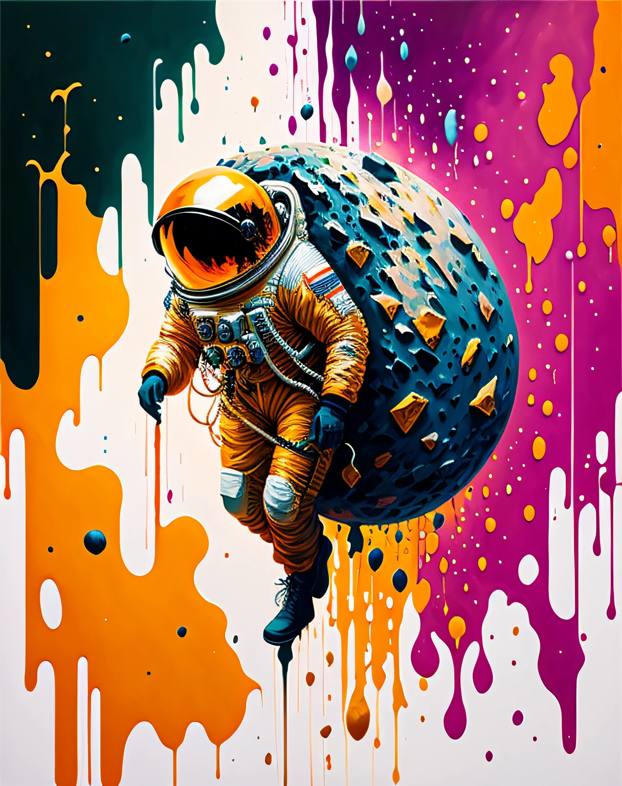 "astronaut, climbing the asteroid, character rendering, very high quality model, ethereal background, abstract beauty, explosive volume, oil painting, heavy brushstrokes, paint drips"