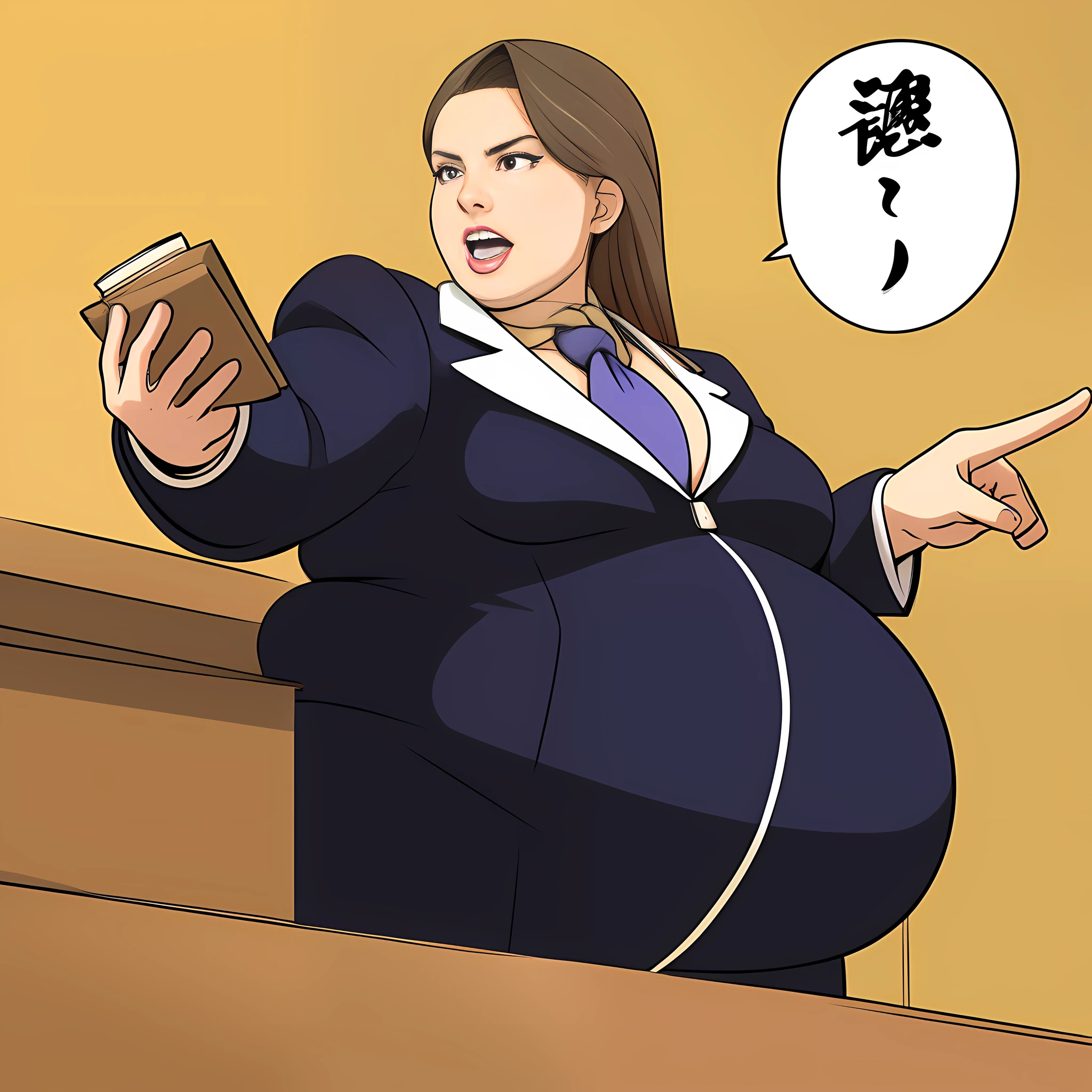 "(en) A whimsically exaggerated, flat, cartoon cell-shaded in the style of Ace Attorney depicting Mia Fey, who weighs over 500 pounds with her belly bursting through her suit."