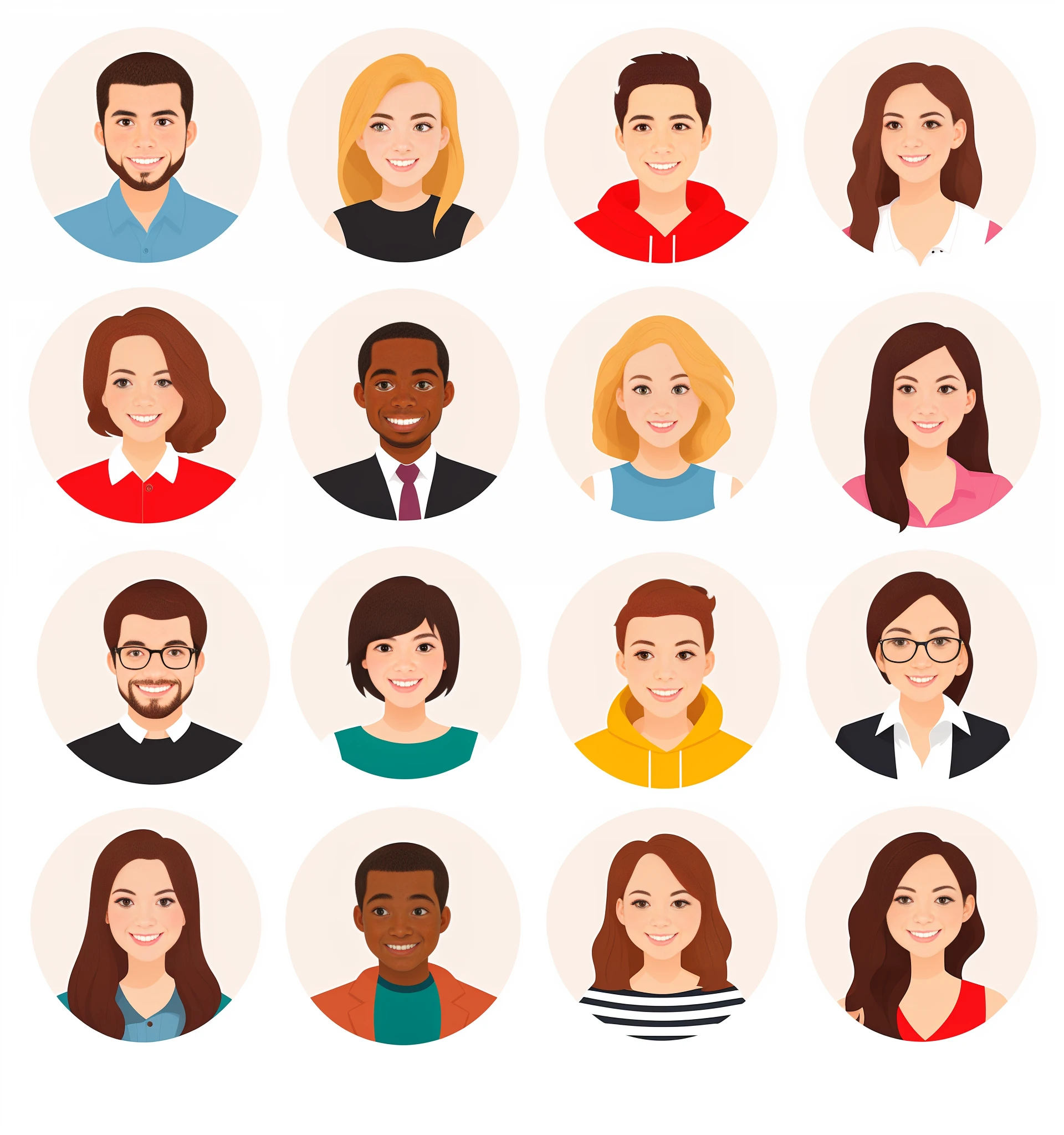 a group of people with different facial expressions and hair styles, mix of ethnicities and genders, professional profile picture, by Whitney Sherman, high quality portrait, cartoon style illustration, diverse faces, character faces, highly detailed characters, medium portrait, detailed characters, colorful character faces, cartoon illustration, avatar for website, detailed realistic smiling faces, by Aya Goda