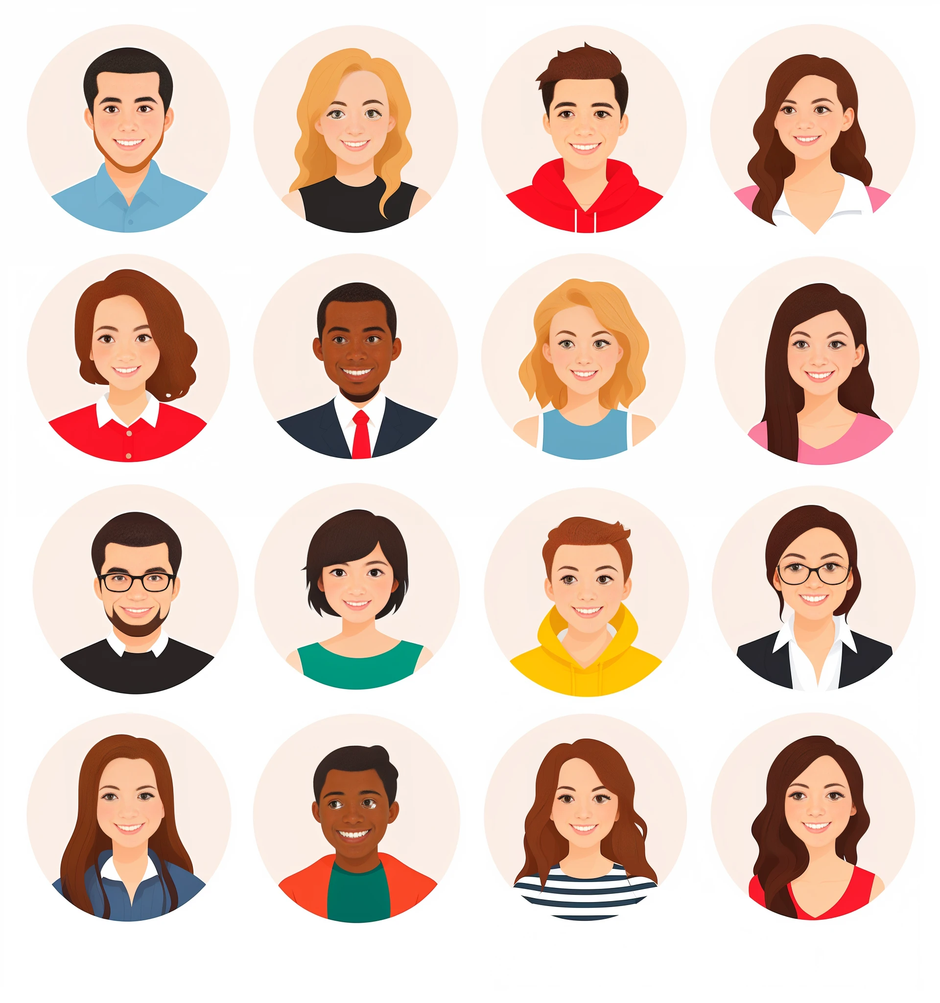 a group of people with different facial expressions and hair styles, mix of ethnicities and genders, professional profile picture, by Whitney Sherman, high quality portrait, cartoon style illustration, diverse faces, character faces, highly detailed characters, medium portrait, detailed characters, colorful character faces, cartoon illustration, avatar for website, detailed realistic smiling faces, by Aya Goda