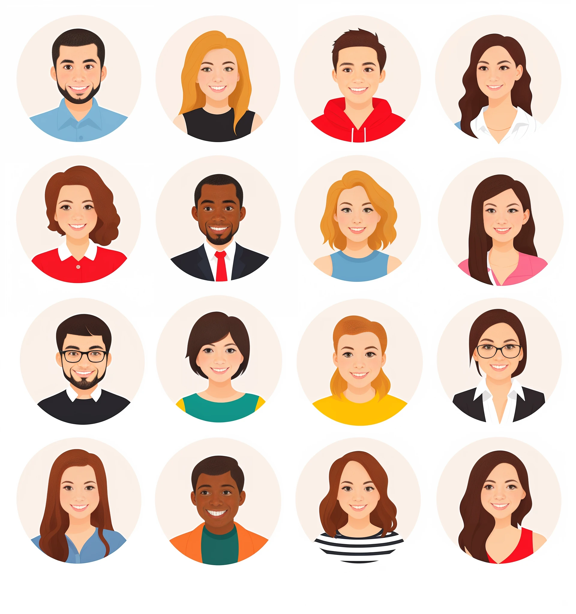 a group of people with different facial expressions and hair styles, mix of ethnicities and genders, professional profile picture, by Whitney Sherman, high quality portrait, cartoon style illustration, diverse faces, character faces, highly detailed characters, medium portrait, detailed characters, colorful character faces, cartoon illustration, avatar for website, detailed realistic smiling faces, by Aya Goda