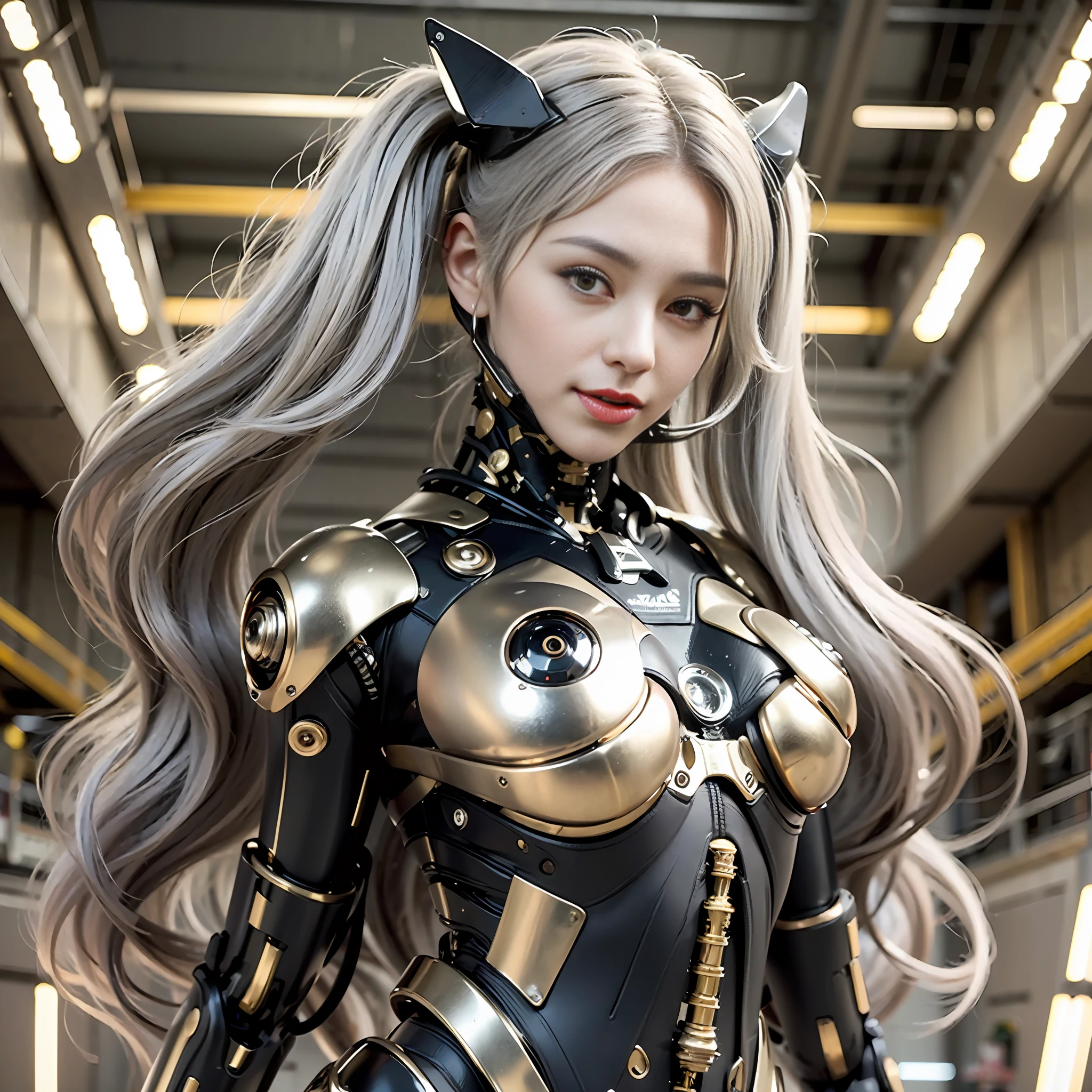 Beautiful Face,face is Japan, 1 Woman, Big, Curvaceous, (16k, RAW photo, top quality, masterpiece: 1.2), (HDR, Realistic, Photorealistic: 1.37) (tube attached to the body), (Bikini Cyborg robot parts)))), (light gray hair), Long hair, Wavy hair, Twin tails, Medium shot, ( Seductive smile)), (black eyes), double eyelids, princess cut, from below, (whole body),posing,,in the lab,( tube connected to blood vessel),((mechanical vertebrae attached to the back)),((mechanical neck attached to the neck)),(wire and cable attached to head and body),(character focus),science fiction,perfect female figure,perfect anatomy, hyperanatomy, full body shot, relationship between up to 4 fingers and 1 thumb, spherical joint,