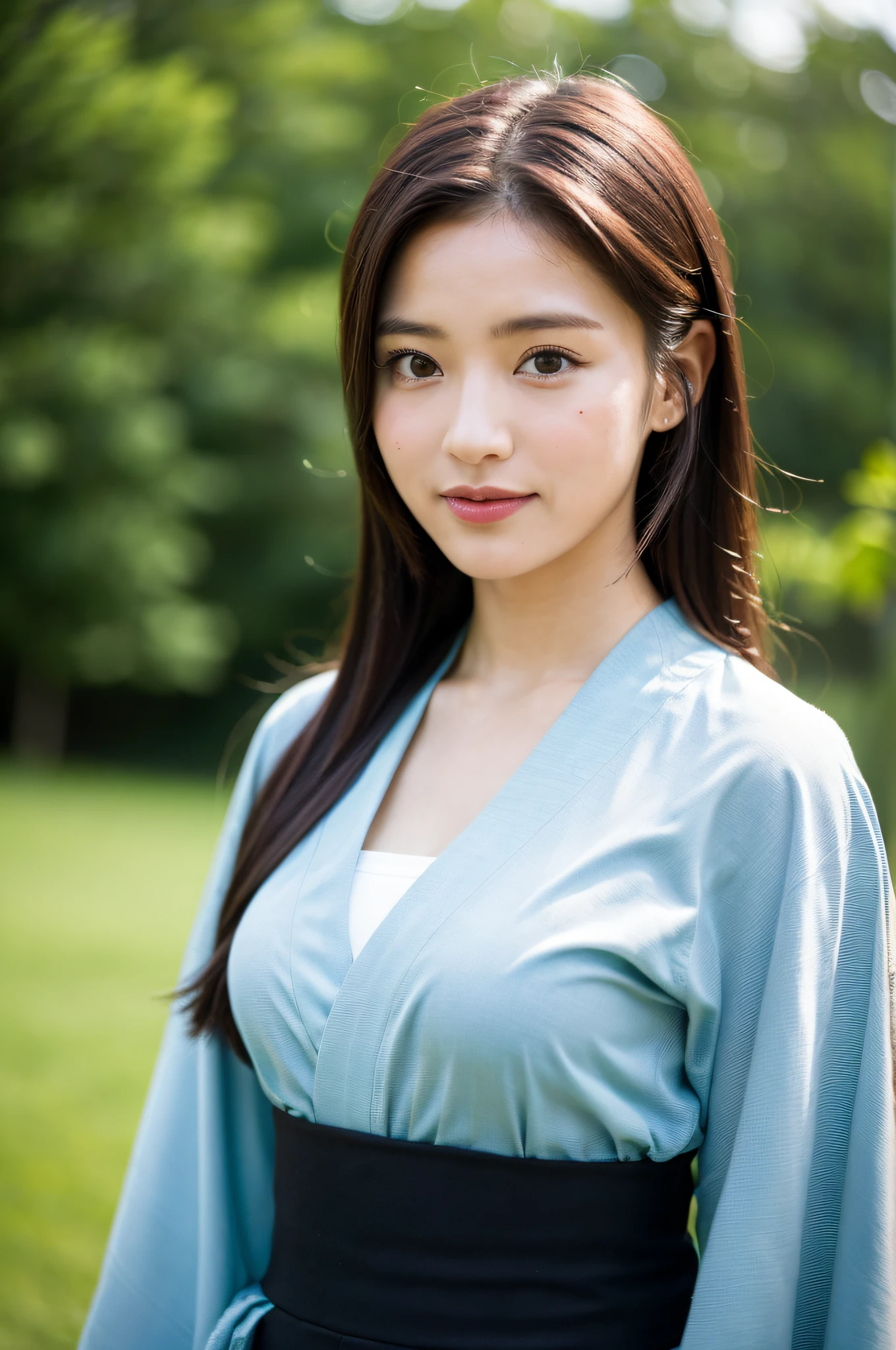 ((Best Quality, 8K, Masterpiece: 1.3)), Sharp Focus: 1.2, (Super Beautiful Face: 1.0), (Slender Abs Beauty: 1.0), (Shiny Skin: 1.0), Realistic Photography, Black Hair, Realistic Pupils, Video Lighting, High Definition Eyes and Face, Video Lighting, (Cowboy Shot: 1.3), (Kimono, Hakama, Obi: 1.4), (Korean Cute Actress), Traditional Kimono, Happiness, In Nature, Look at the audience, from the front, big