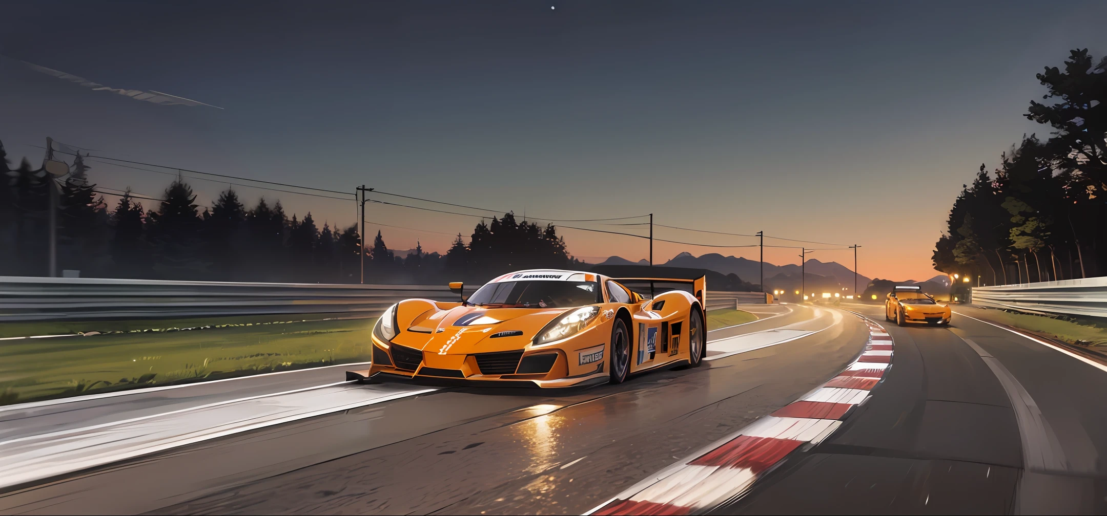 a screenshot of racing cars in a night time game, in the style of asher brown durand, realistic and hyper-detailed renderings, orange, exotic realism, alan lee, 32k uhd, grid-based --auto --s2