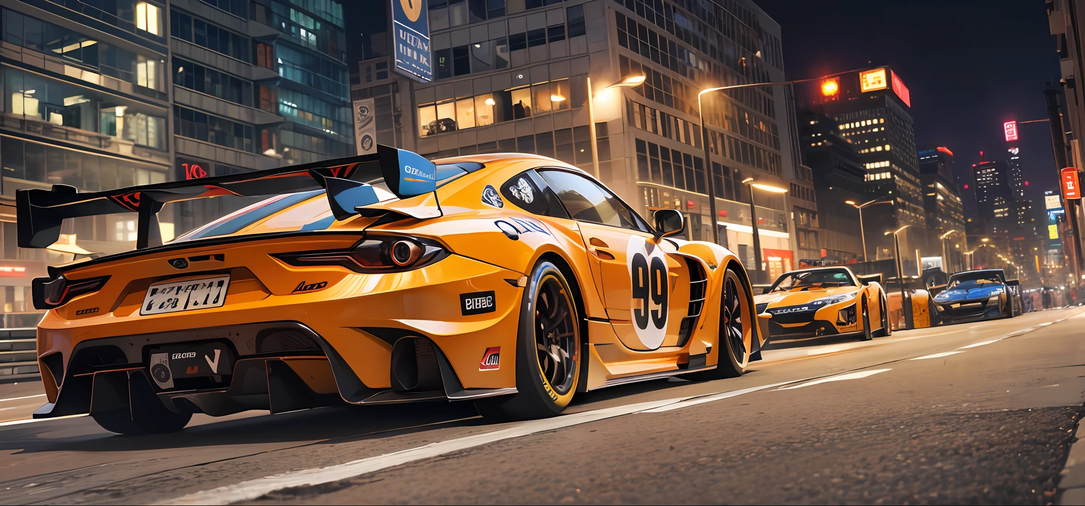 a screenshot of racing cars in a night time game, in the style of asher brown durand, realistic and hyper-detailed renderings, orange, exotic realism, alan lee, 32k uhd, grid-based --auto --s2