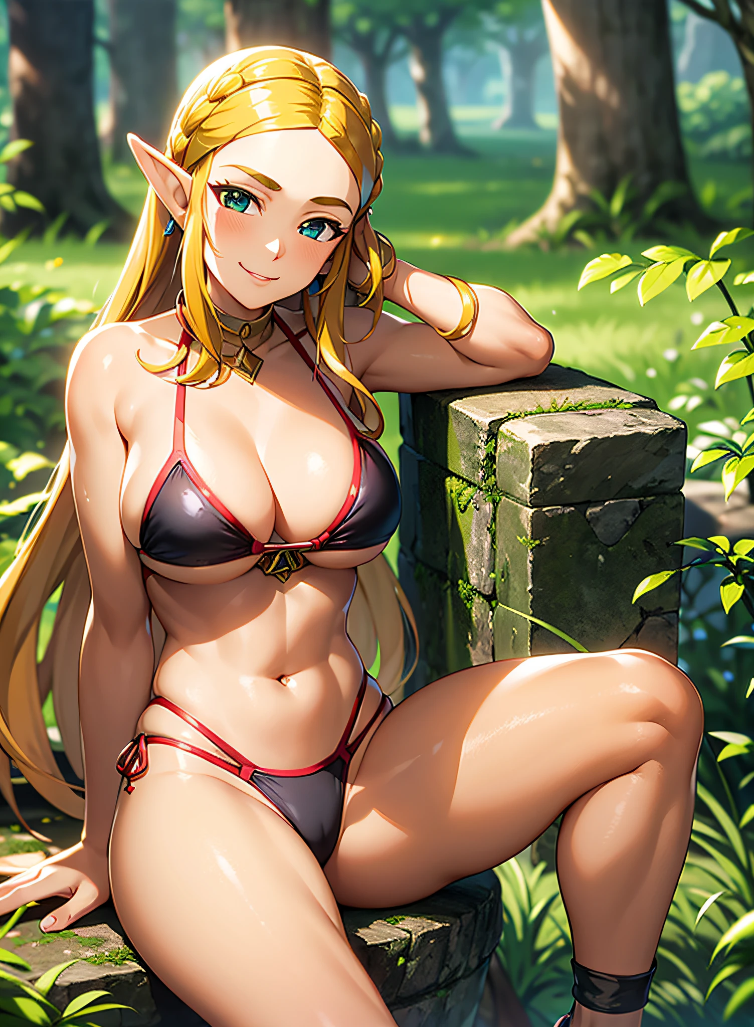 masterpiece,best quality,zelda\(princess\), 1girl, solo, large breasts,long_hair, cleavage, young girl, young , 17 year old, very skinny, micro bikini, blonde hair, seductive smile, bare stomach, bare arms, sleeveless, sitting, open legs