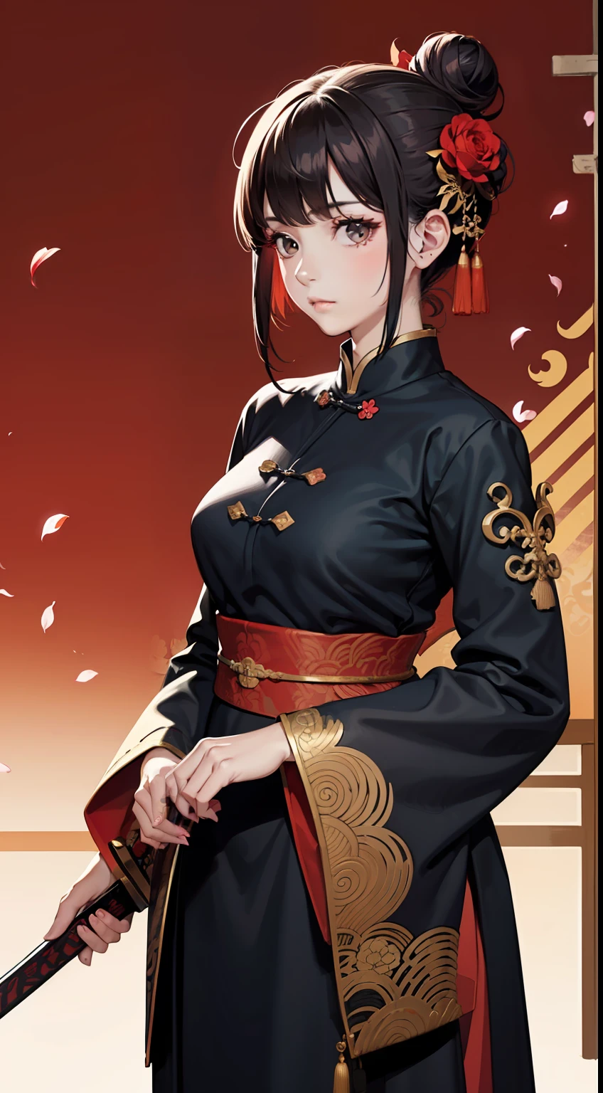 masterpiece, best quality,
(original) , (very detailed wallpaper) , 1girl, solo, red background,weapon, holding, sword, holding weapon, holding sword, flower, hair bun, standing, chinese clothes,long sleeves, wide sleeves, petals, east asian architecture, hair bun, red hanfu, ribbon, closed mouth, bangs, breasts, looking at viewer,