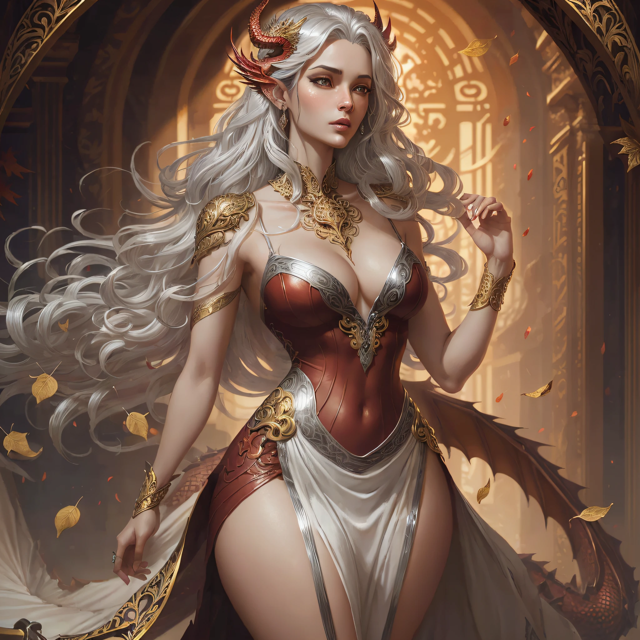 (beautiful sexy red dragon woman)) with a (silver dress) and (gold leaves) with ((white streaks)) ; (intricate detail) ; high-quality ; (ornate motifs) ; (flowing hair) ; (parted lips) ; (perfect hands) ; (perfect anatomy) ; centered ; (symmetric face) ; ArtStation ; wlop ; (greg rutkowski) --auto