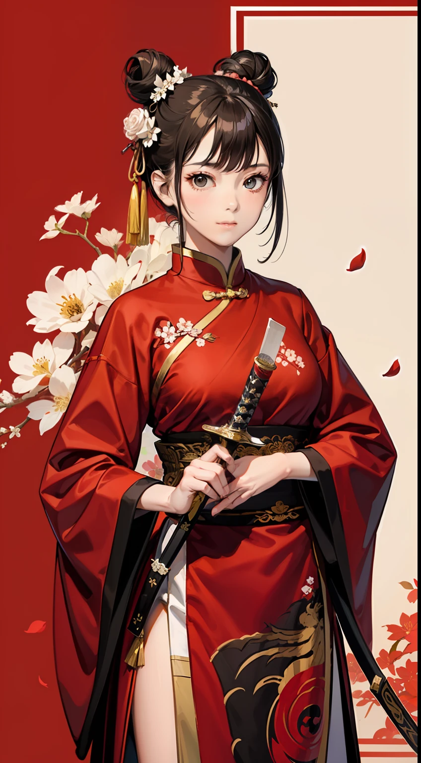 masterpiece, best quality,
 (original) , (very detailed wallpaper) , 1girl, solo, red background，weapon, holding, sword, holding weapon, holding sword, flower, hair bun, standing, chinese clothes,long sleeves, wide sleeves, petals, east asian architecture, hair bun, red hanfu, ribbon, closed mouth, bangs, breasts, looking at viewer,