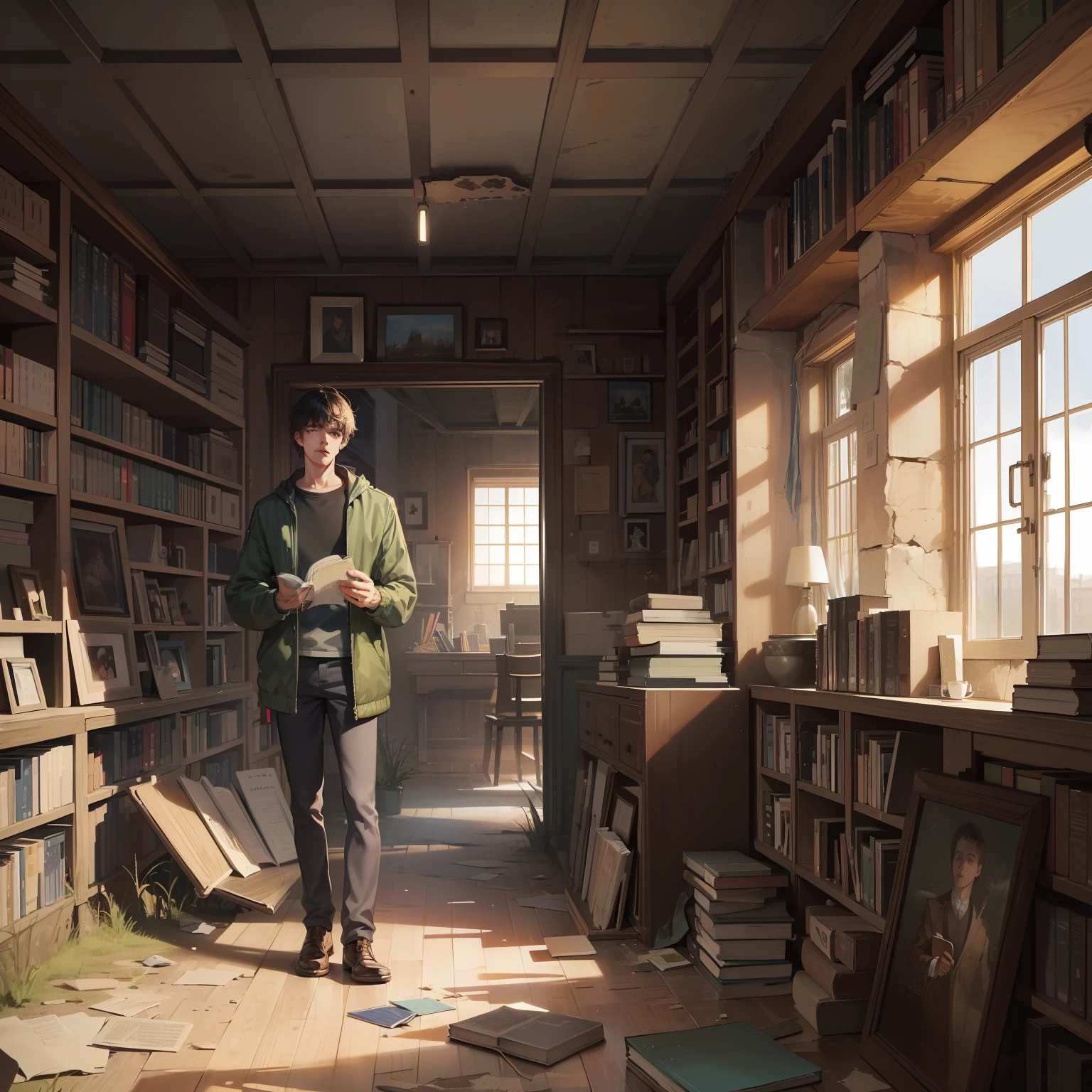 Masterpiece, a boy, (20 years old, short hair, gritty, handsome, tall)) Enter a wooden house with some dusty books scattered inside, ((a book)) abandoned village, (desolate), (eerie), (horror), 8k, HD, high saturation, ultra-realistic, high resolution
