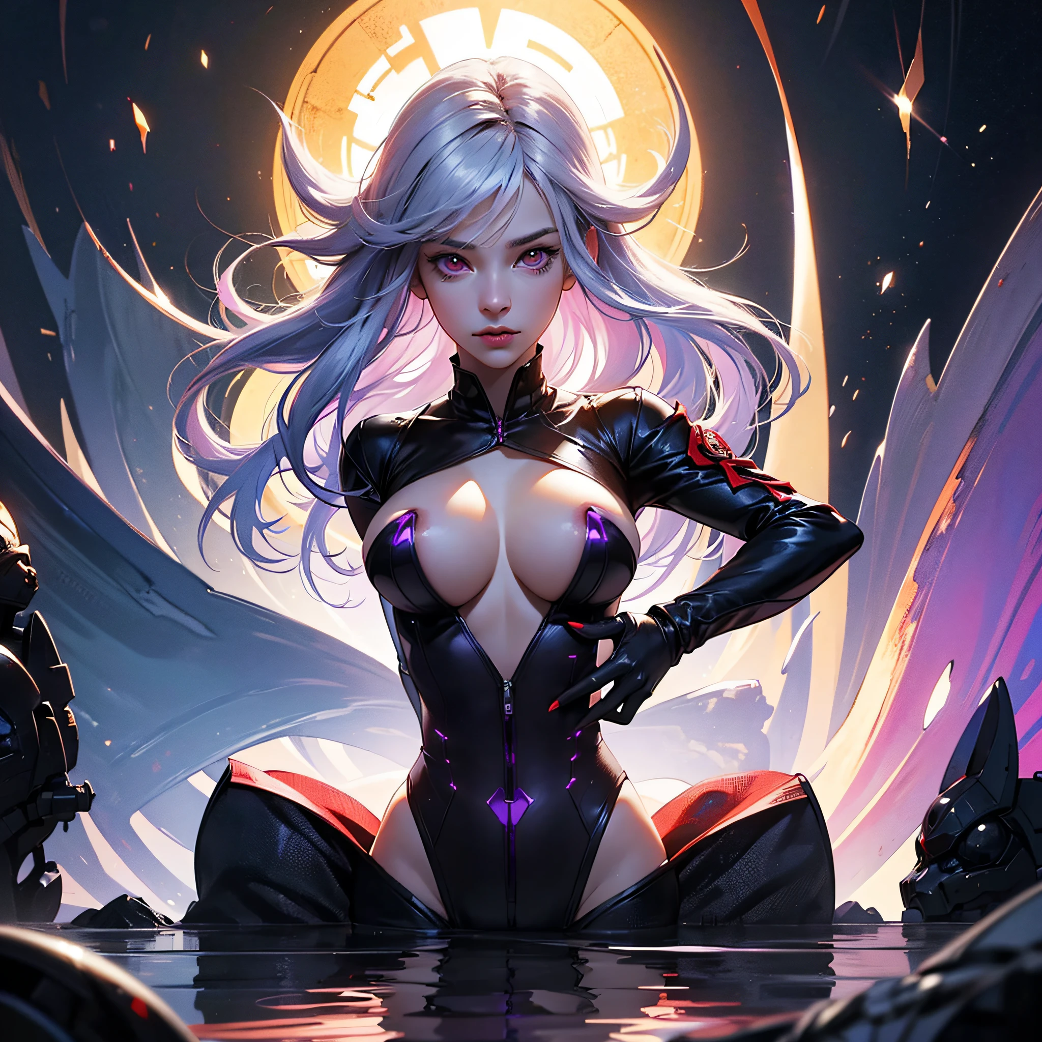 (Trend artstation, pixiv, anime style), an adult woman (25 years old), long hair with bangs, white hair with purple details (hair color: white with purple details) detailed body ((huge breasts, giant breasts, (large thighs, wide hips, thin waist)), wearing bands all over the body (color of the bands: white with red details) glued to the body, red eyes (red eyes, red iris), excited, crazy, sensual, sexy, sensual pose, concept art, anime style, reflection light, backlighting, cinematic lighting, high detail, surrealism, realism, hyperrealism, masterpiece, anatomically correct, super detail, high detail, high quality, award-winning, best quality, anime, ray tracing, pov, UHD, 8k --auto