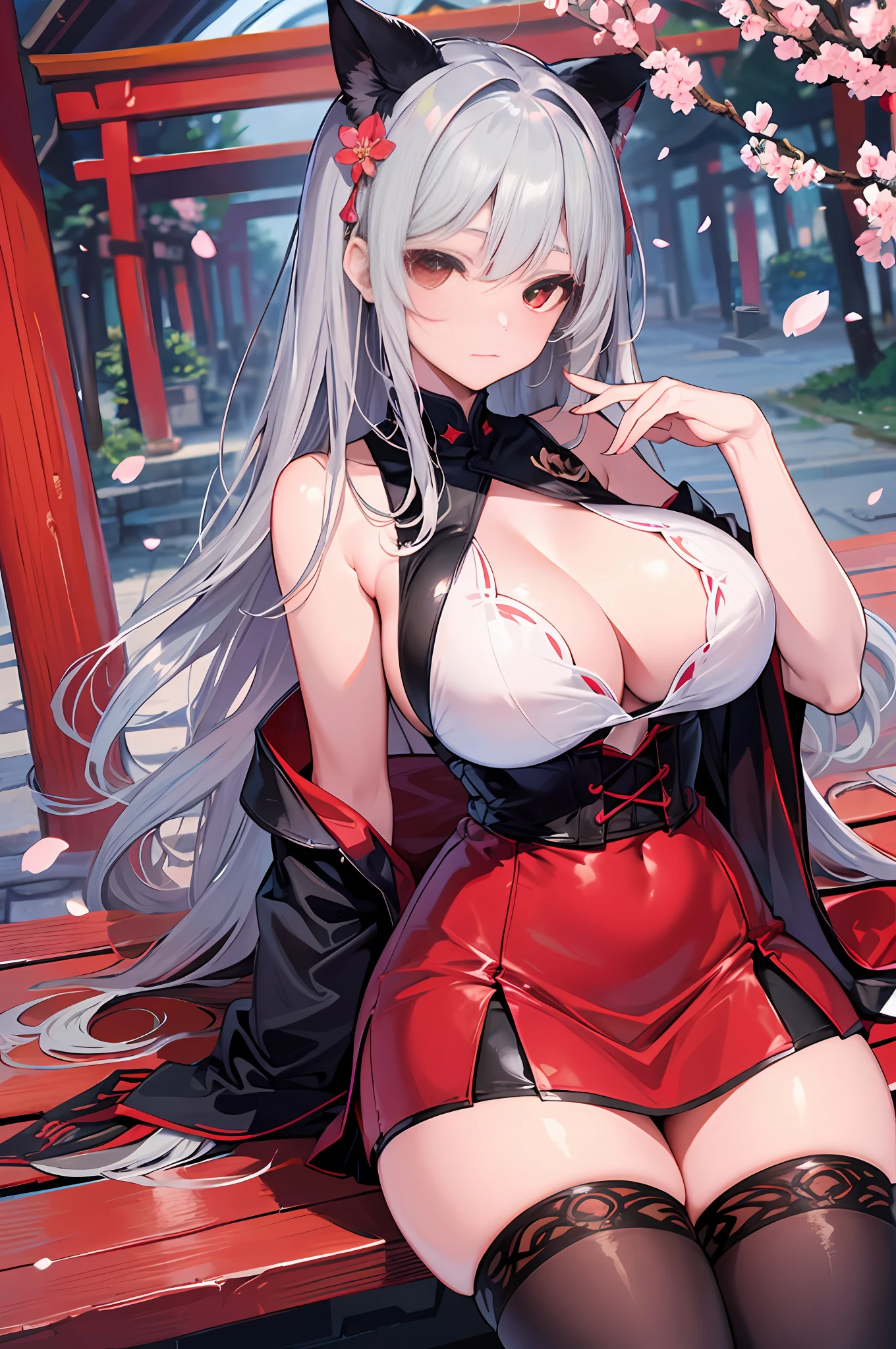masterpiece, best quality, high_resolution, fine detail, very detailed and beautiful, distinct_image, 1个女孩, Solo, ,silver-haired,front-facing, red eyes, (huge breasts), (),miniskirt,thighhigh, curvaceous,torii,cherry blossom,